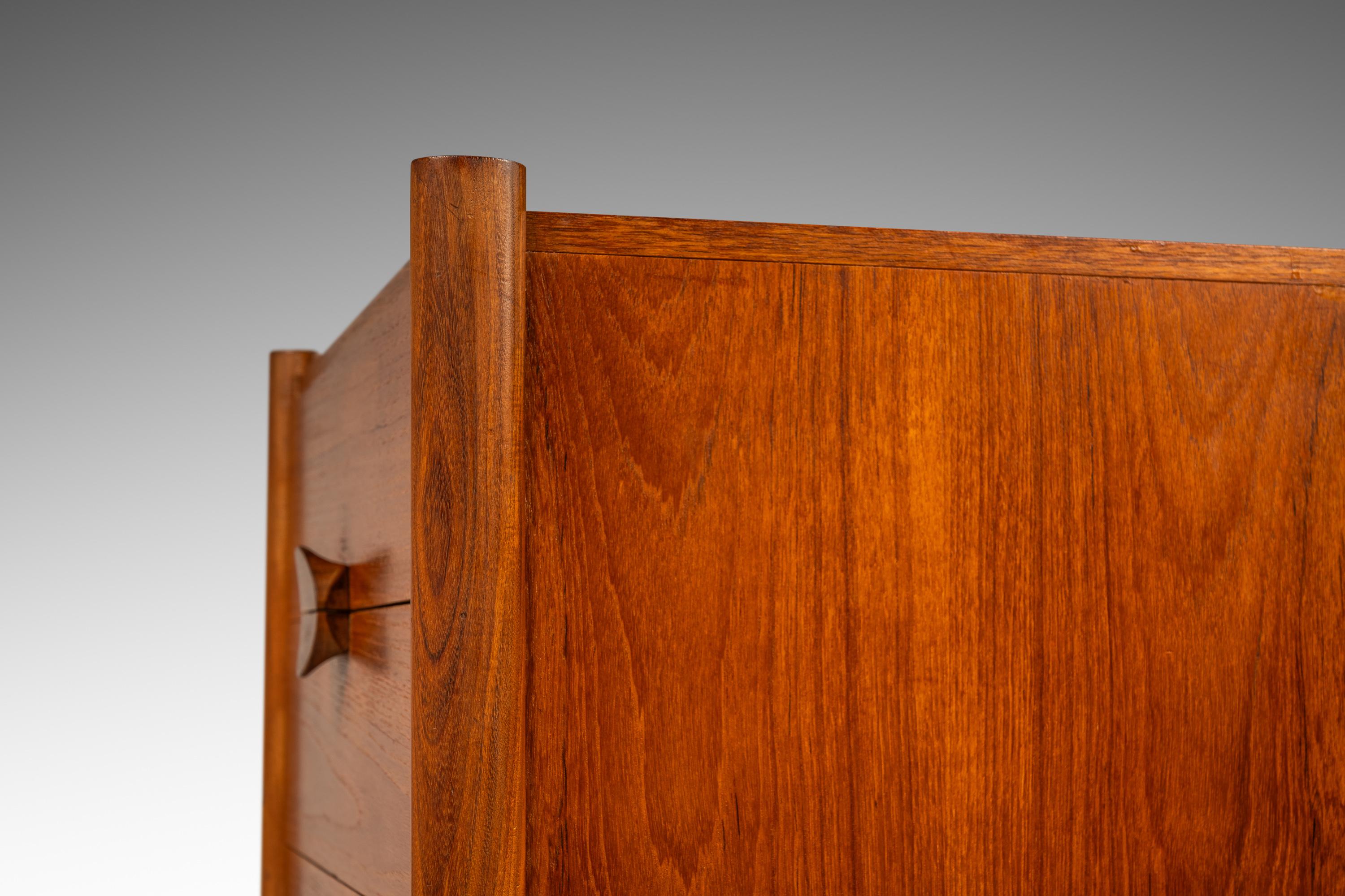 Tall Boy Slim Sled-Based 5-Drawer Dresser by Durable Suites, Denmark, c. 1970's In Good Condition In Deland, FL