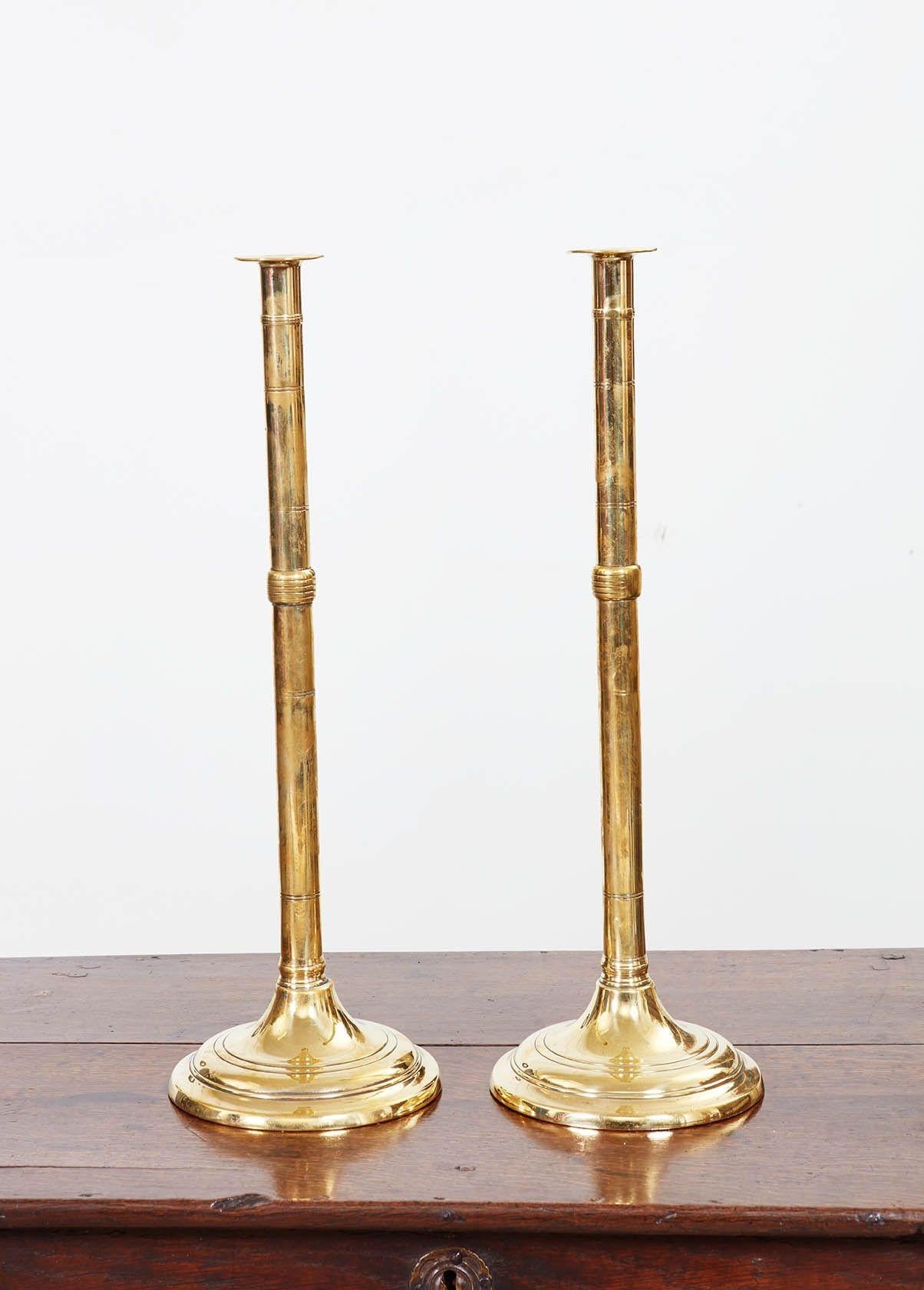 English Tall Brass Adjustable Candlesticks For Sale