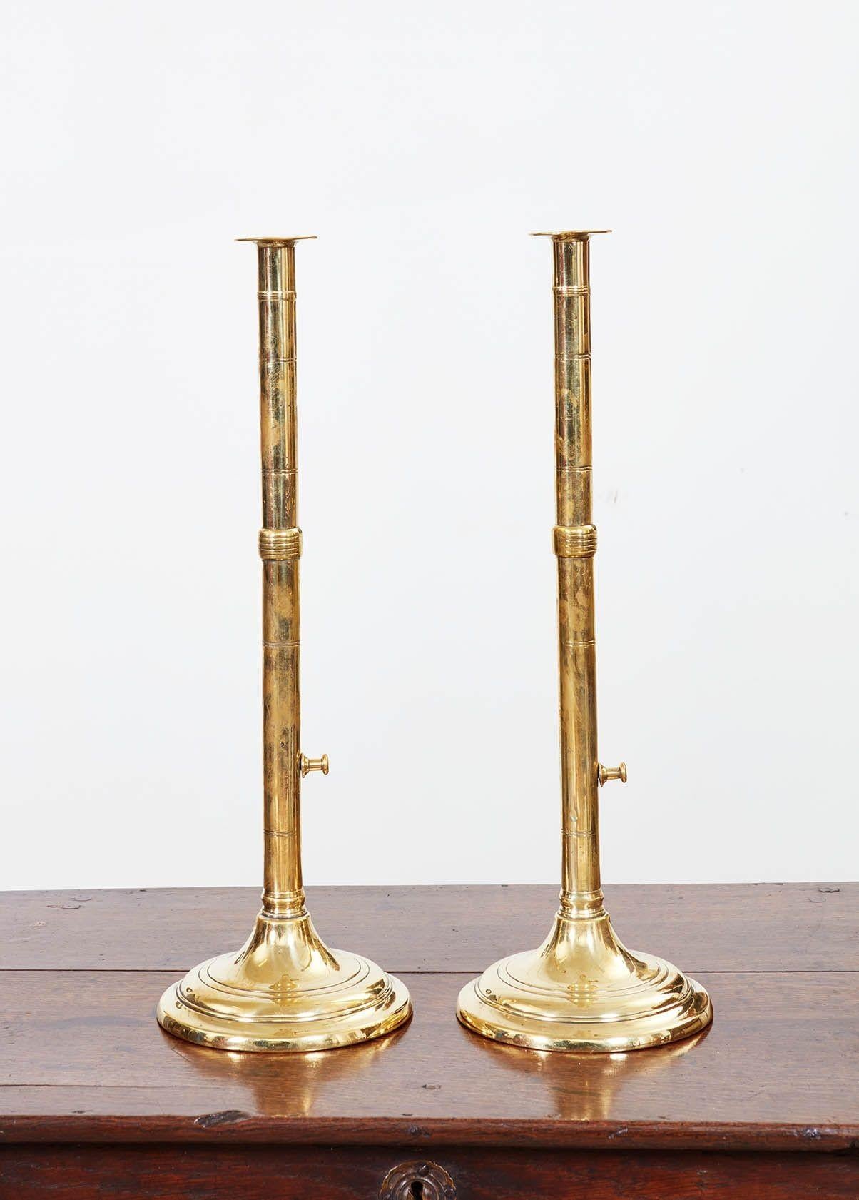 Tall Brass Adjustable Candlesticks In Good Condition In Greenwich, CT