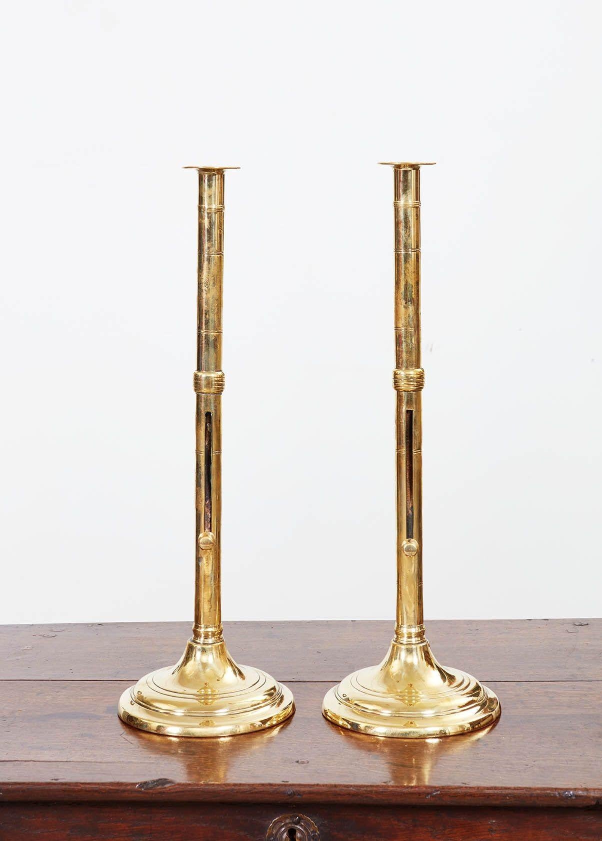 Mid-19th Century Tall Brass Adjustable Candlesticks For Sale