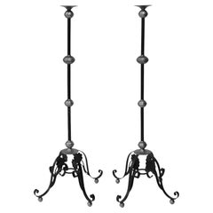Tall Brass and Wrought Iron Church Torchères Candle Floor Stands, a Pair
