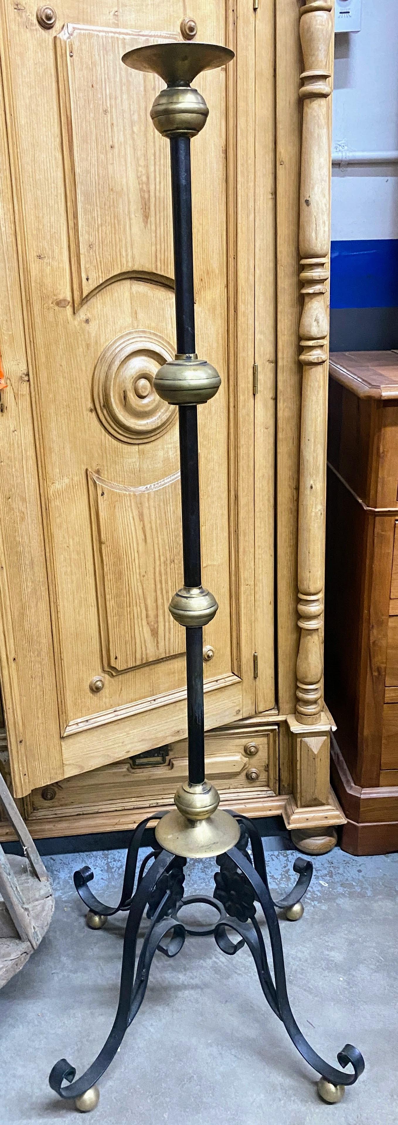 Renaissance Revival Tall Brass and Wrought Iron Church Torchères Candle Floor Stands, a Pair For Sale