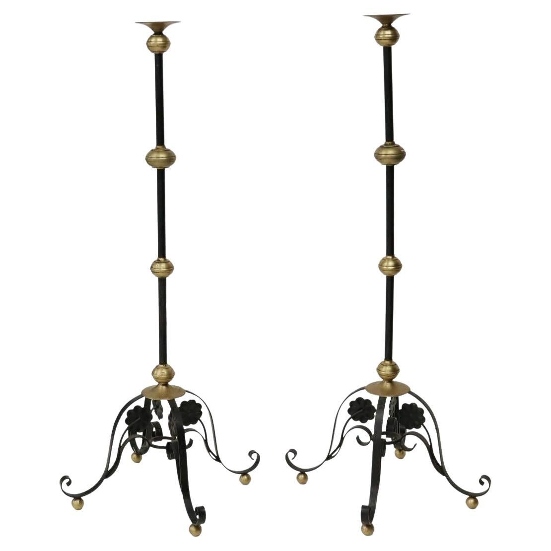 Tall Brass and Wrought Iron Church Torchères Candle Floor Stands, a Pair For Sale