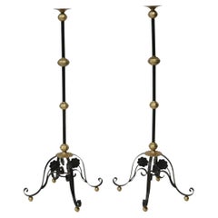 Tall Brass and Wrought Iron Church Torchères Candle Floor Stands, a Pair