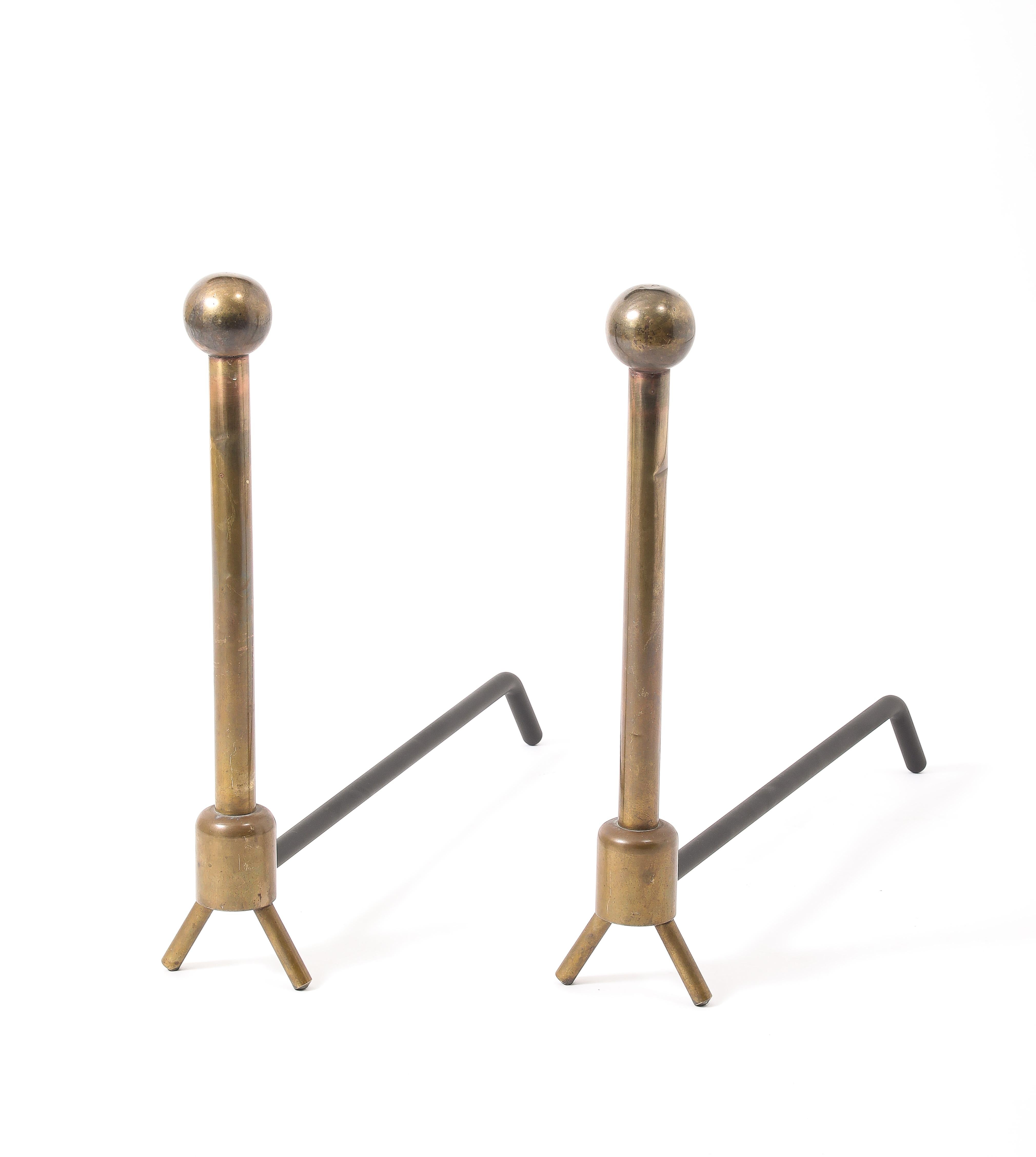 Tall Brass Andirons, France 1950's In Good Condition For Sale In New York, NY