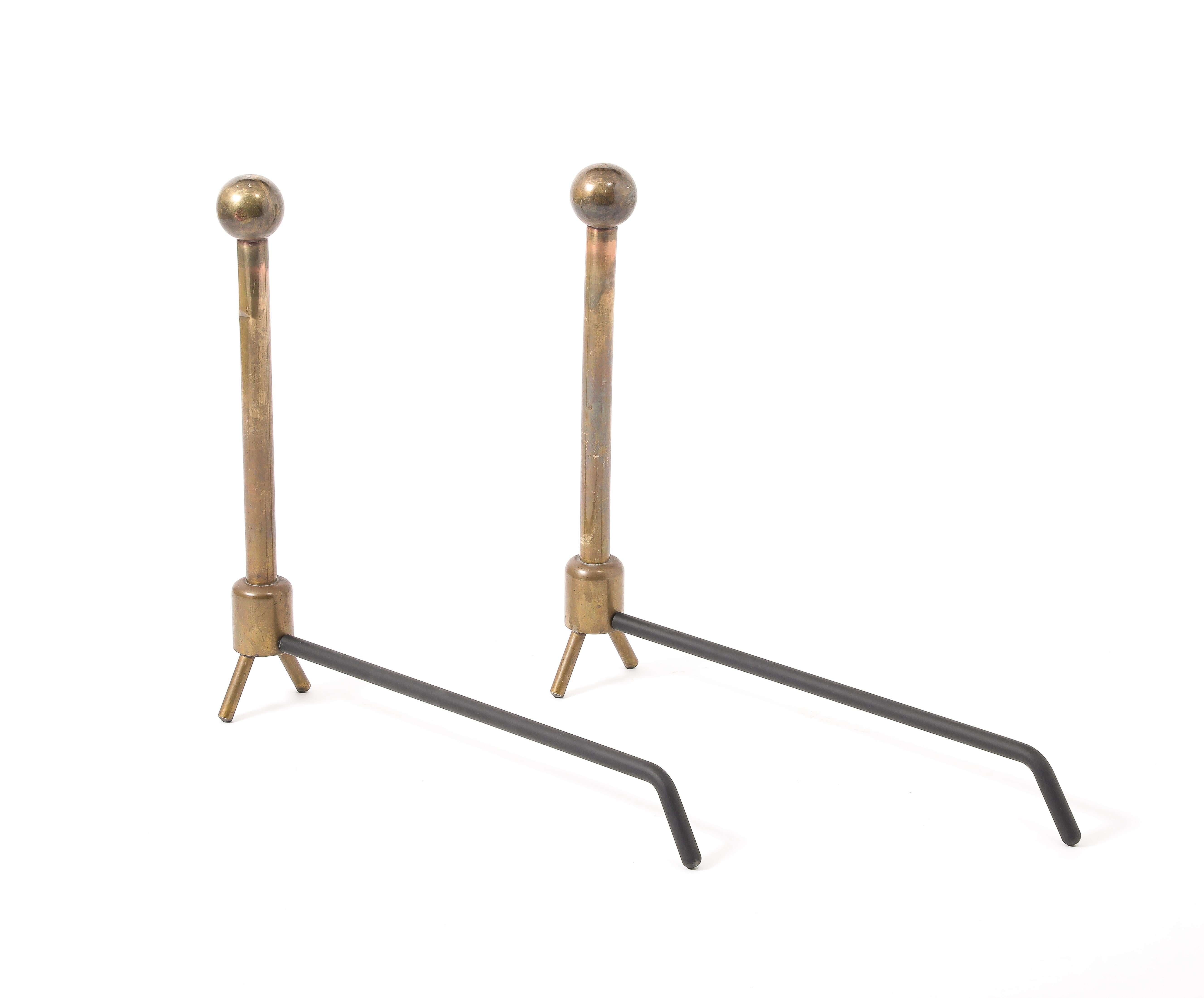 Tall Brass Andirons, France 1950's For Sale 1