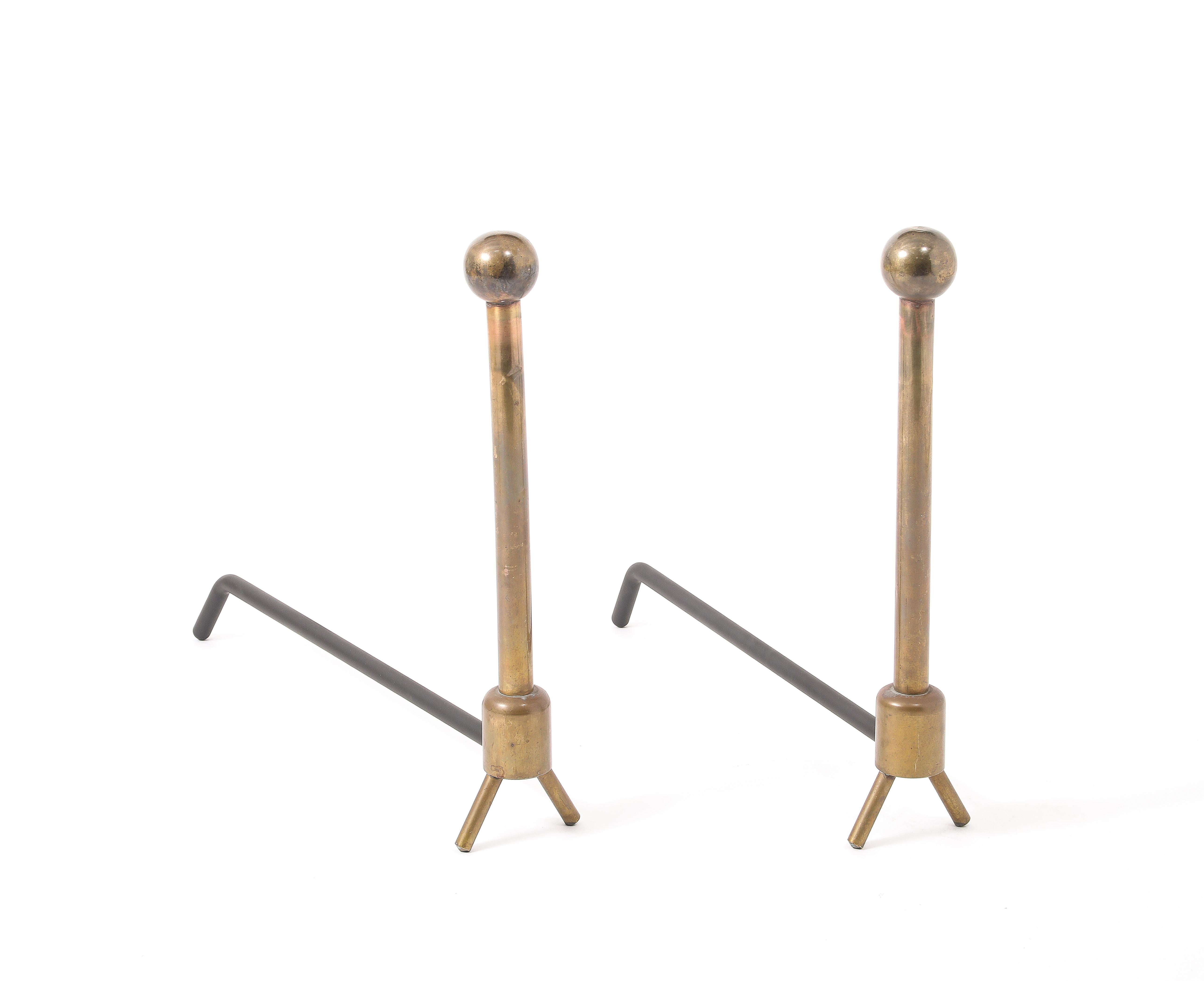 Tall Brass Andirons, France 1950's For Sale 3