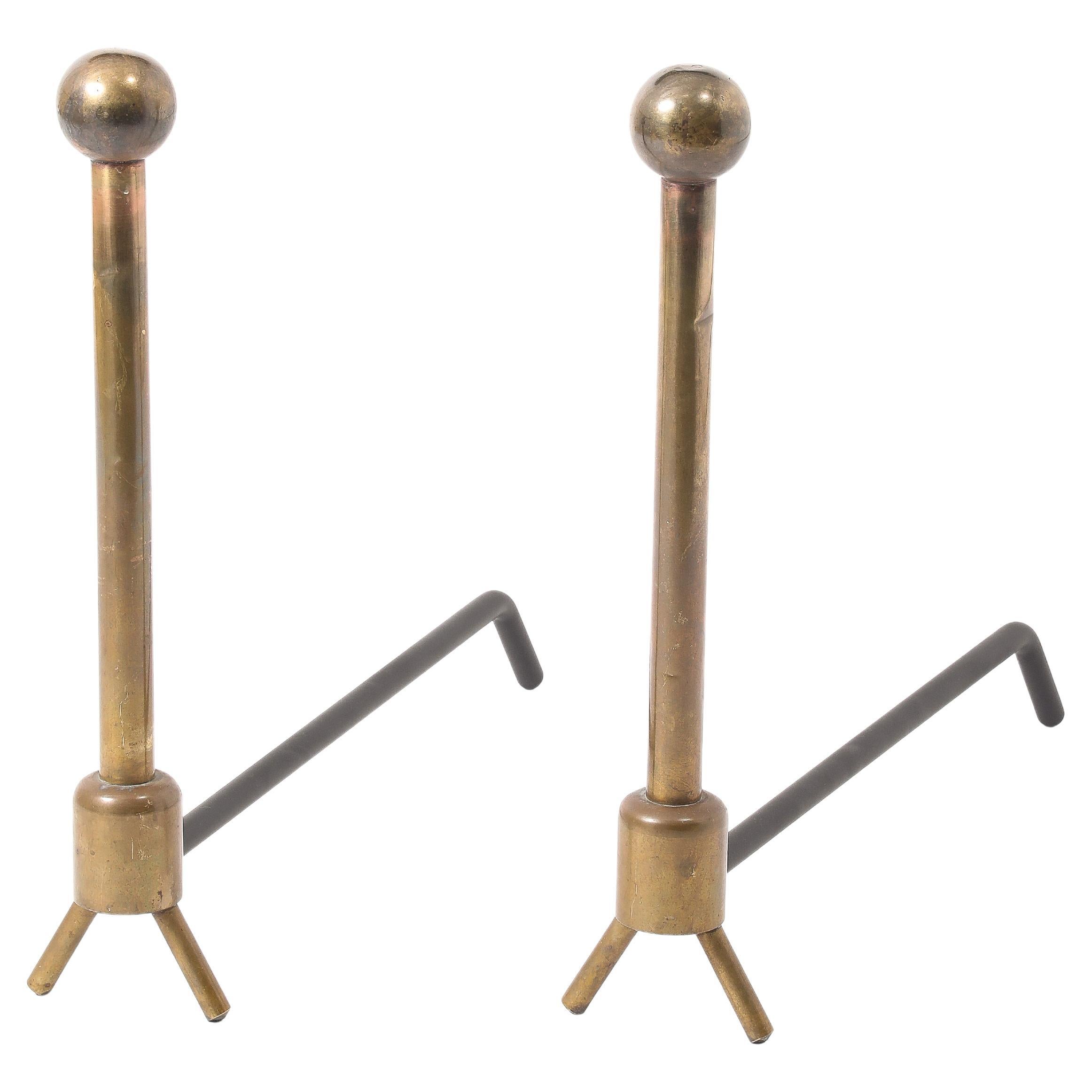 Tall Brass Andirons, France 1950's For Sale