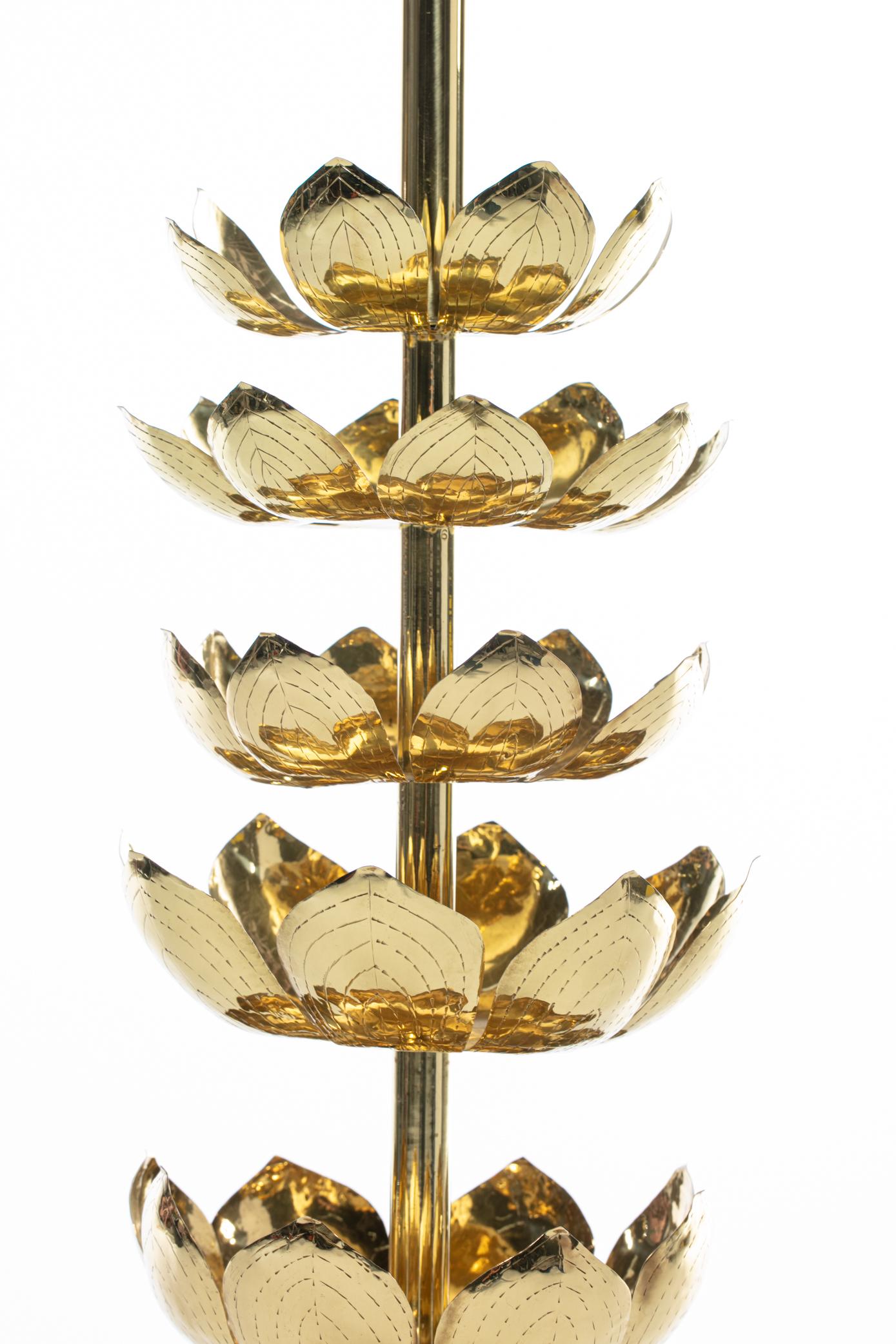 Tall Brass Feldman Lighting Lamp with Lotus Flower Layered Detail c. 1955 In Good Condition For Sale In Saint Louis, MO