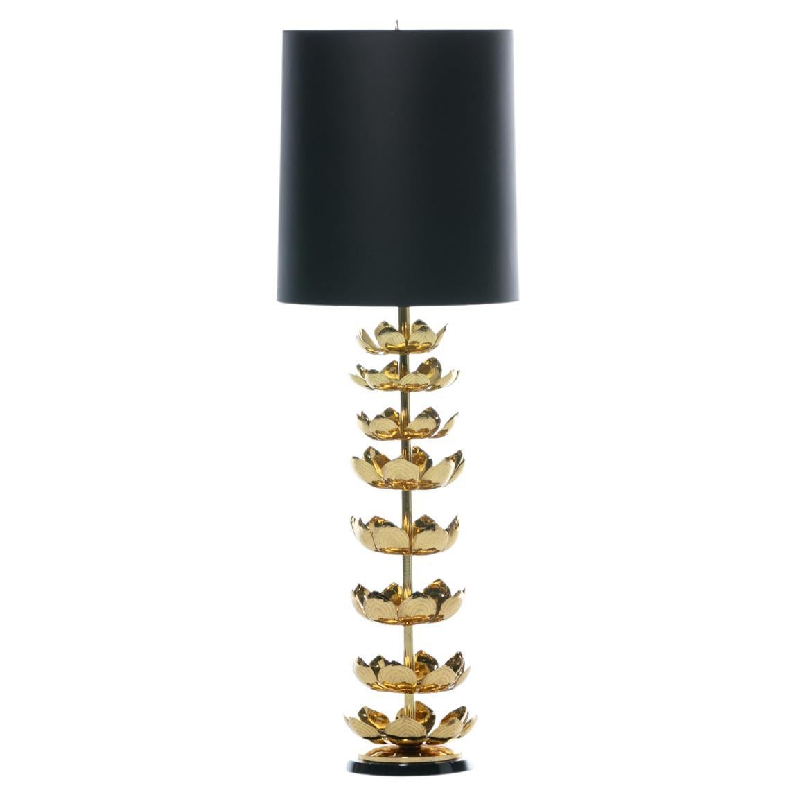 Tall Brass Feldman Lighting Lamp with Lotus Flower Layered Detail, c. 1955
