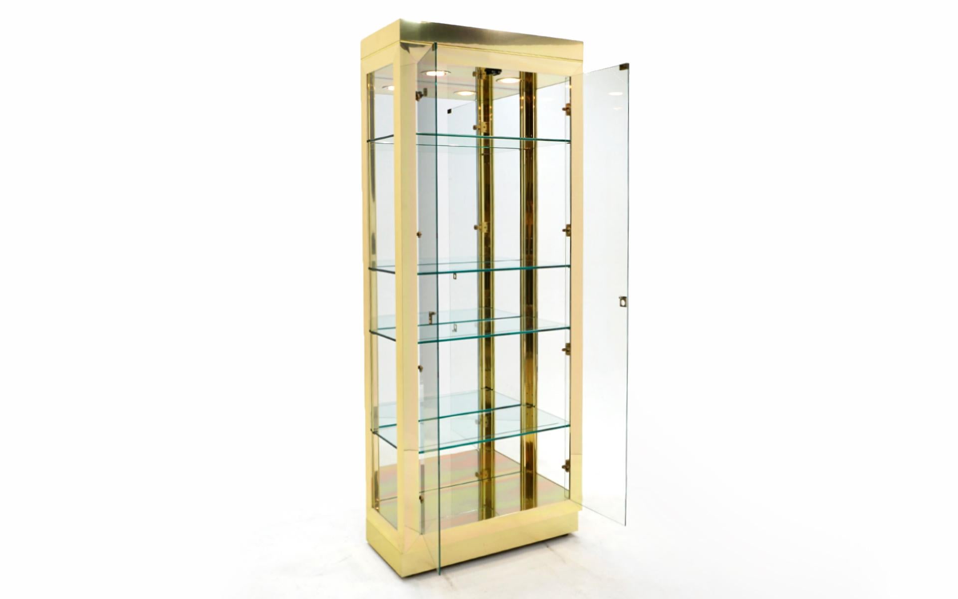 Modern Tall Brass & Glass Lighted Display Cabinet.  Beautiful Condition.  For Sale