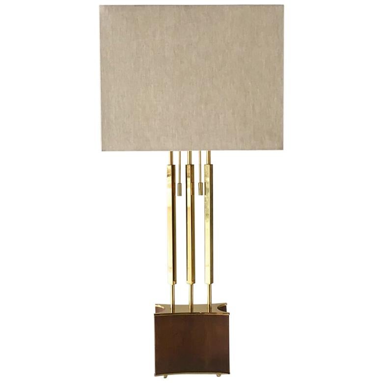 Tall Brass Rod and Wooden Veneered Pillar Table Lamp, 1960s For Sale