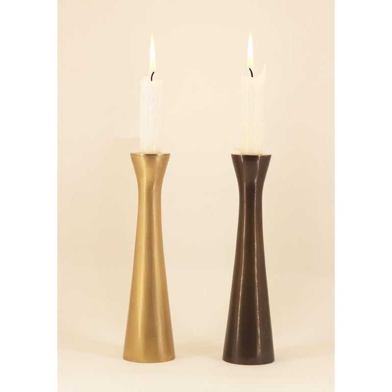 Tall Brass Tapered Candle Holder with Bronze Patina For Sale at 1stdibs