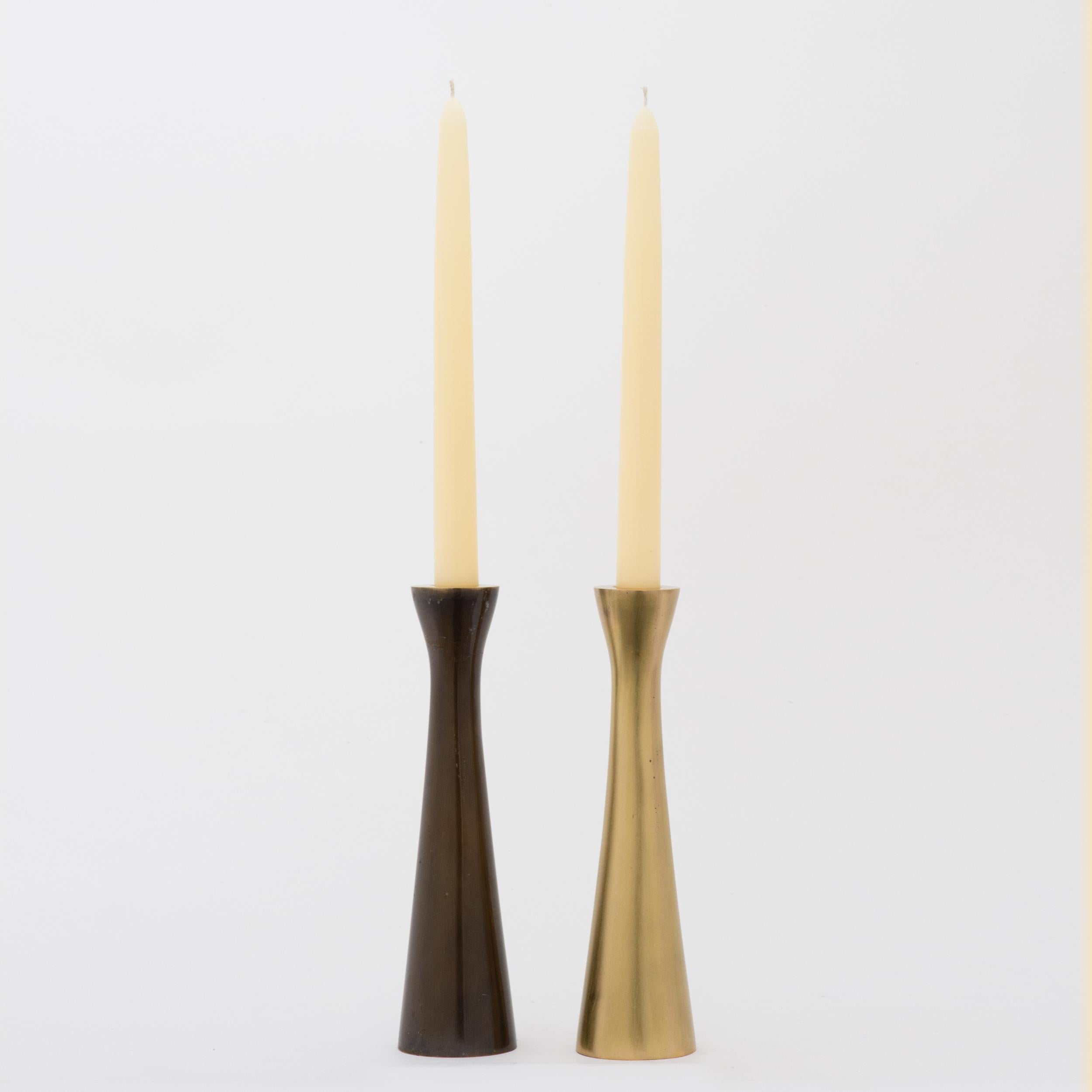 Modern Tall Brass Tapered Candle Holder with Bronze Patina