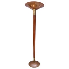 Tall Brass Wood and Copper 1960s Floor Lamp