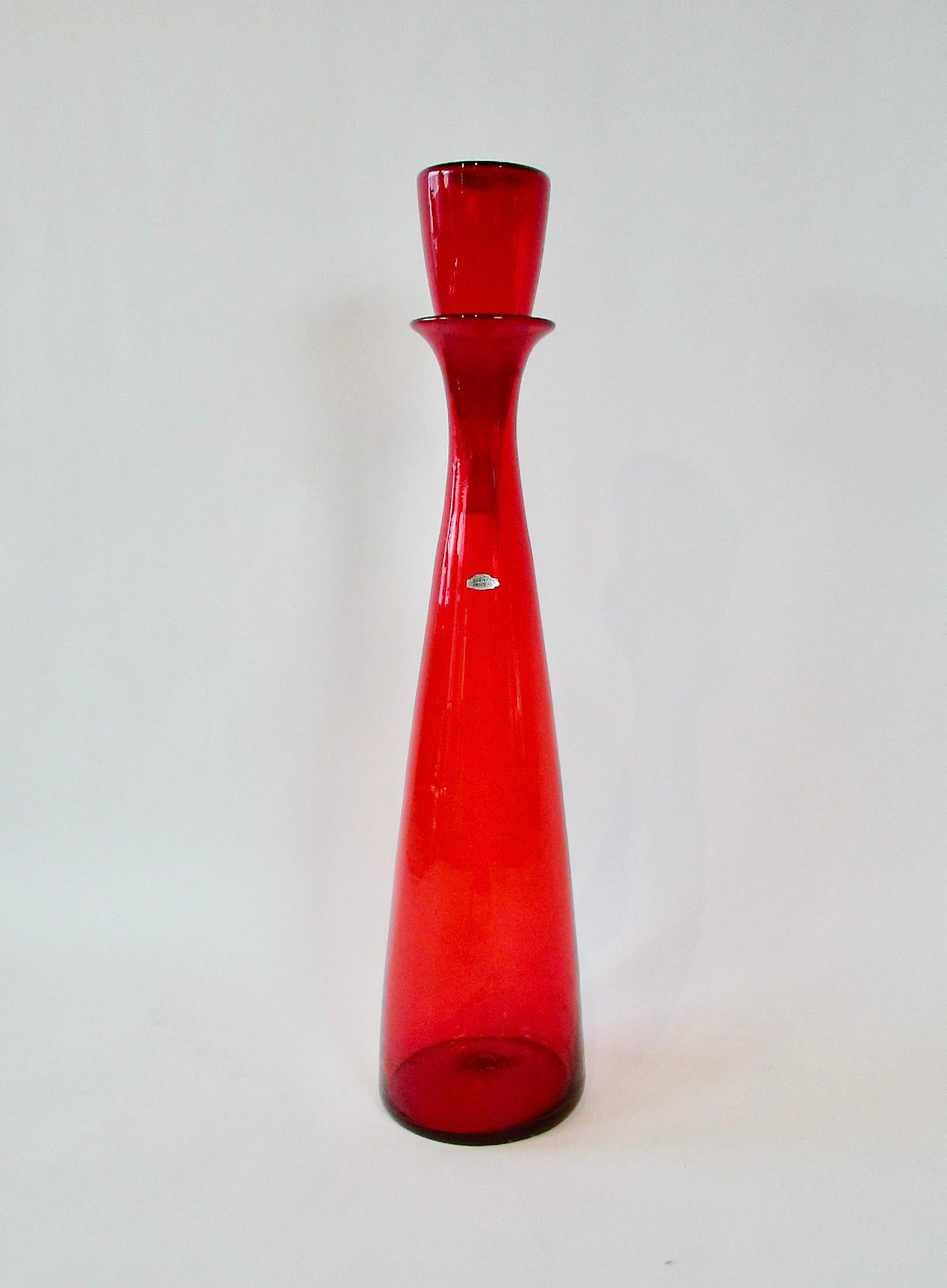 Mid-Century Modern Tall Bright Red Blenko Glass Floor Vase