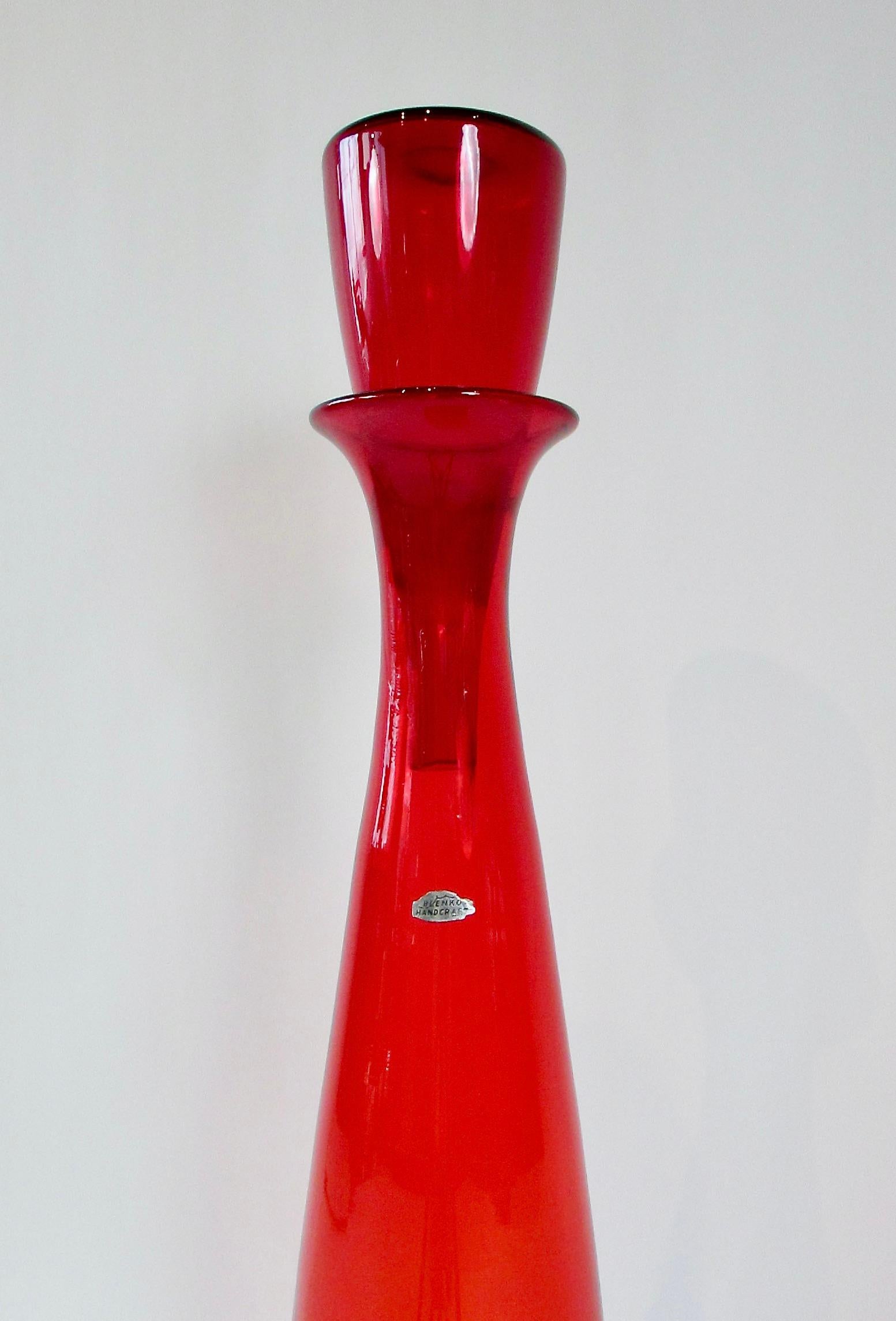 American Tall Bright Red Blenko Glass Floor Vase