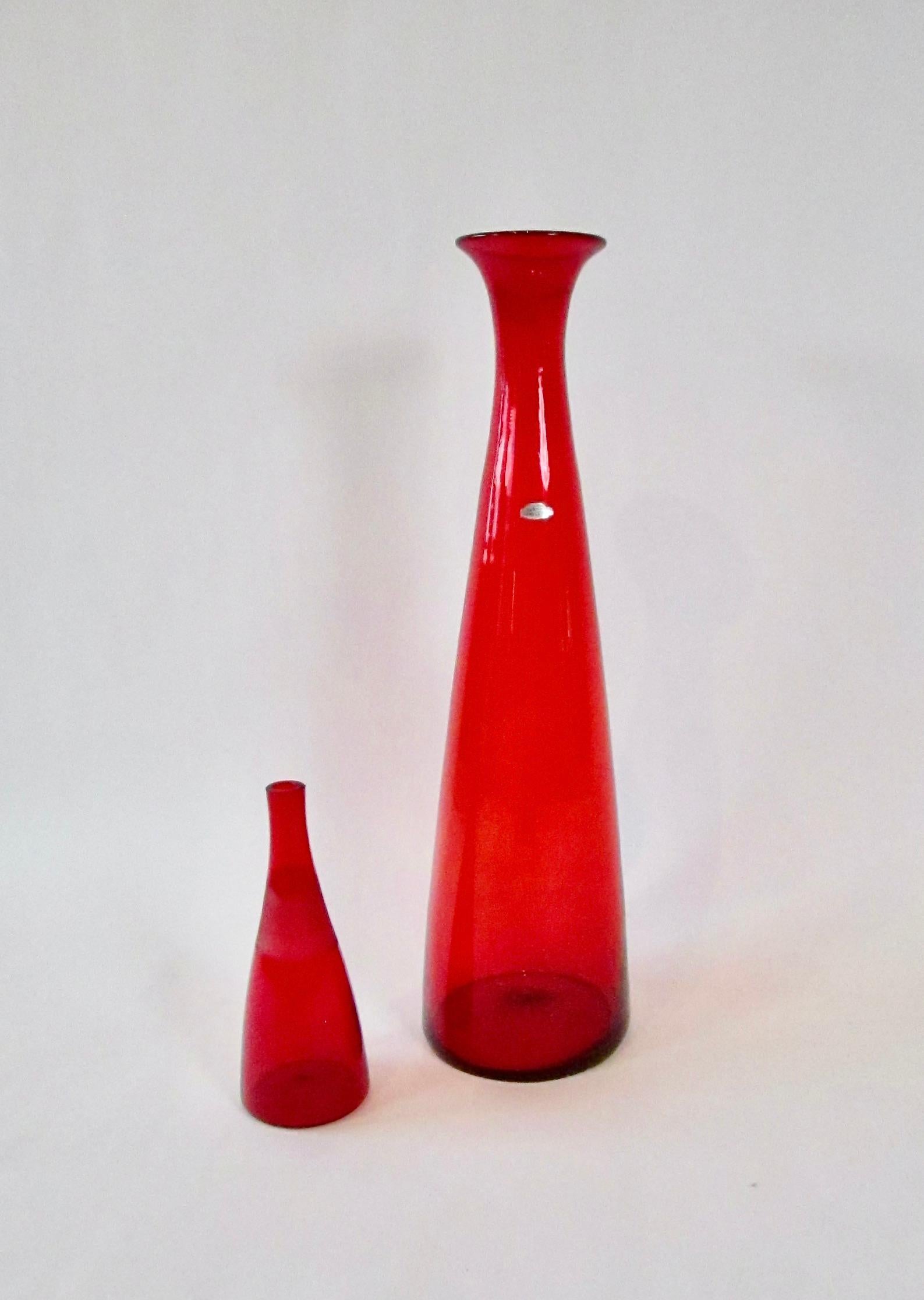 Hand-Crafted Tall Bright Red Blenko Glass Floor Vase