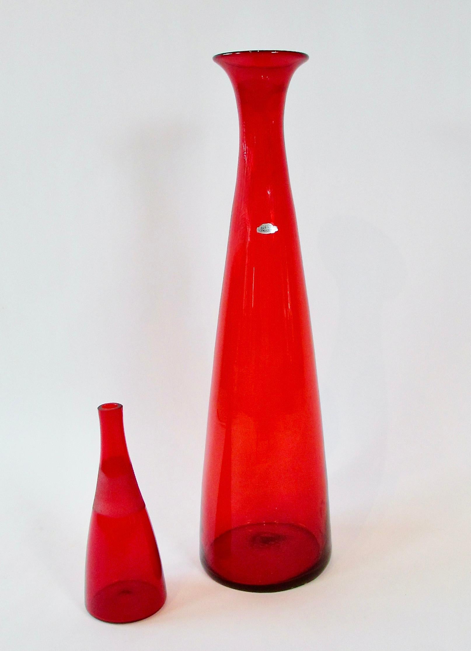 Tall Bright Red Blenko Glass Floor Vase In Good Condition In Ferndale, MI