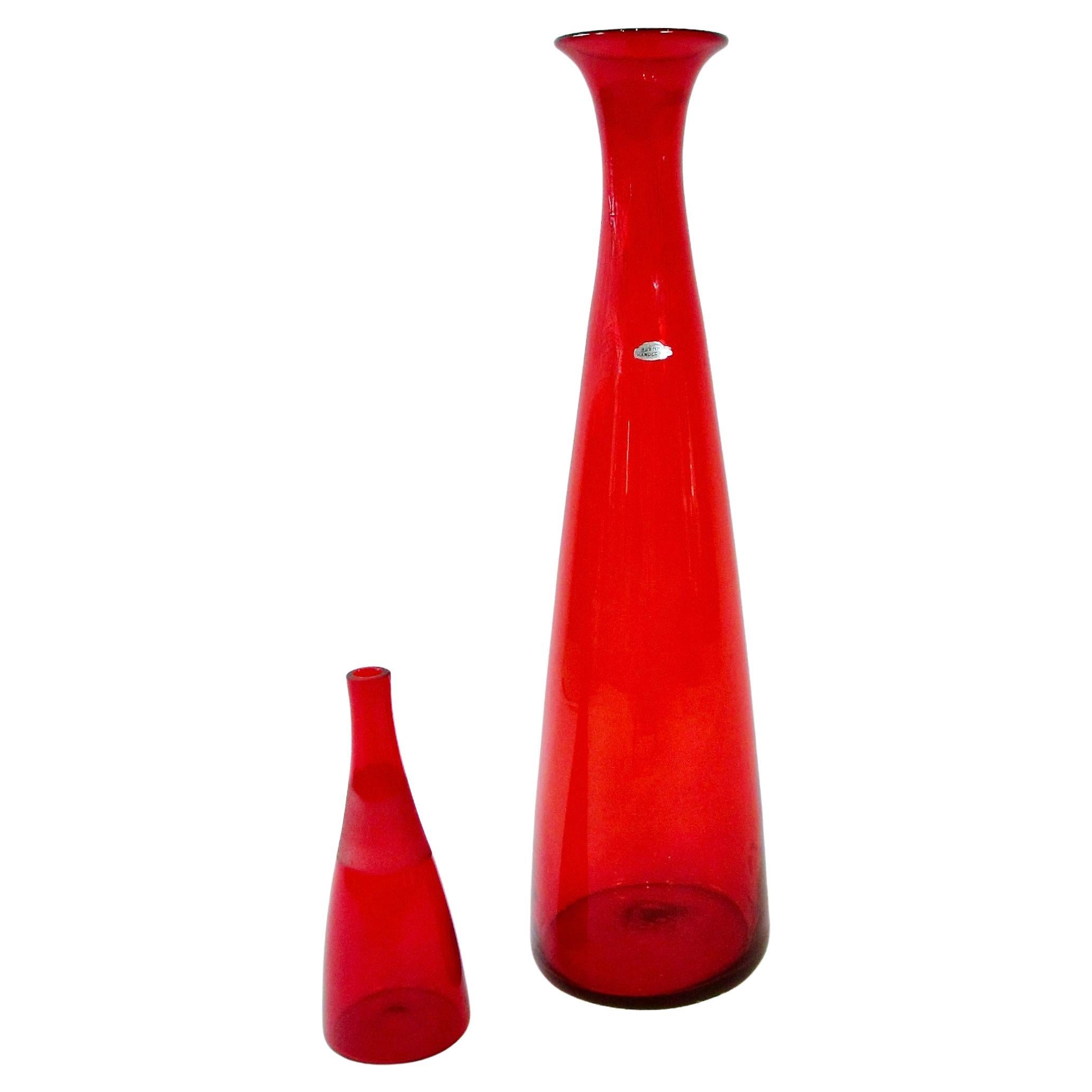 Tall Bright Red Blenko Glass Floor Vase