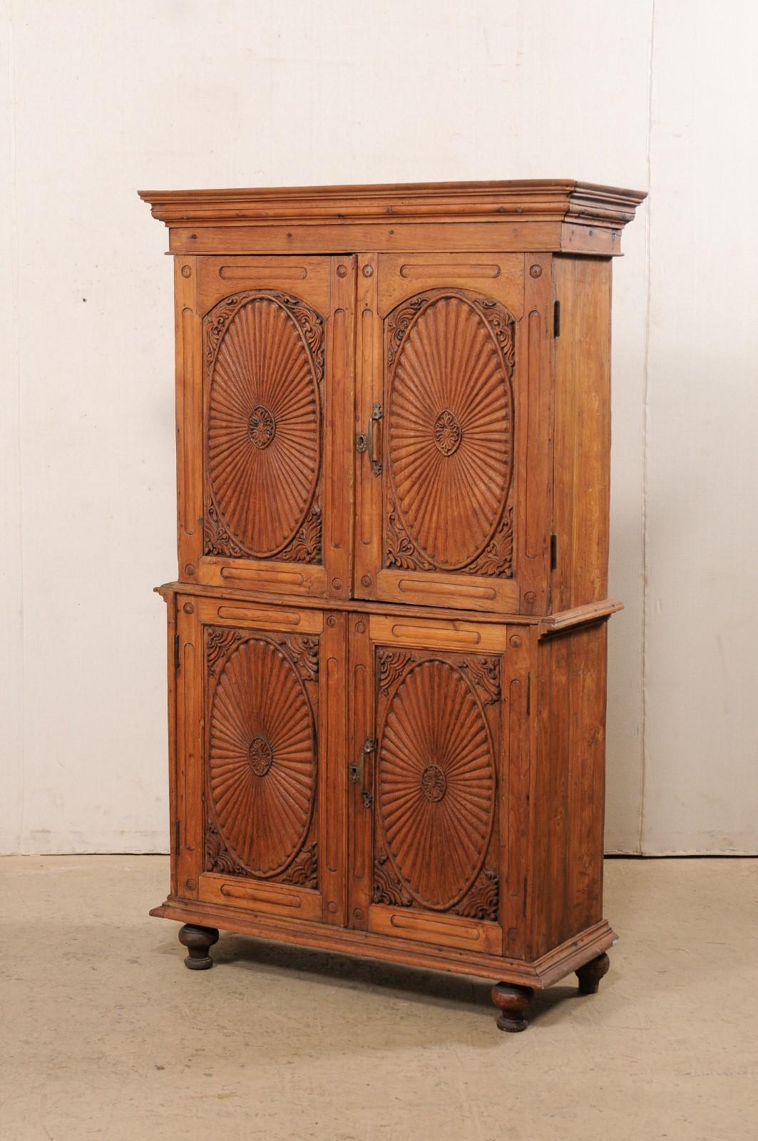 Tall British Colonial Teak-Carved Cabinet W/ Beautifully Carved Doors, 19th C 3