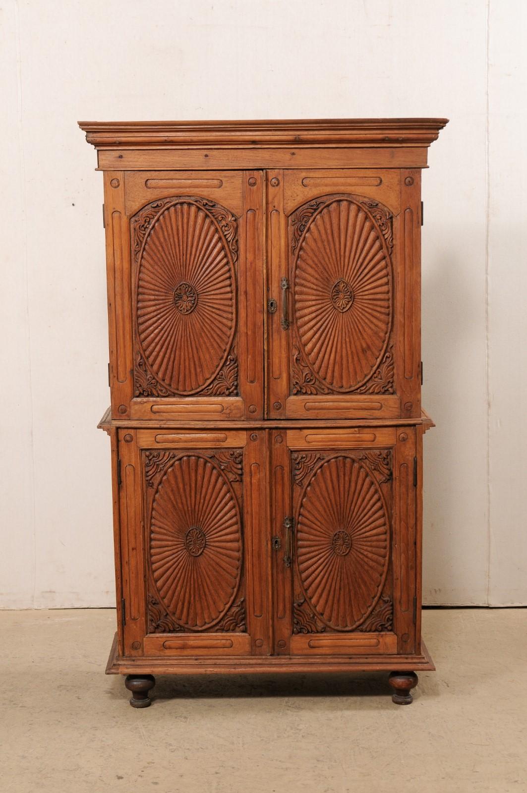 Tall British Colonial Teak-Carved Cabinet W/ Beautifully Carved Doors, 19th C 4