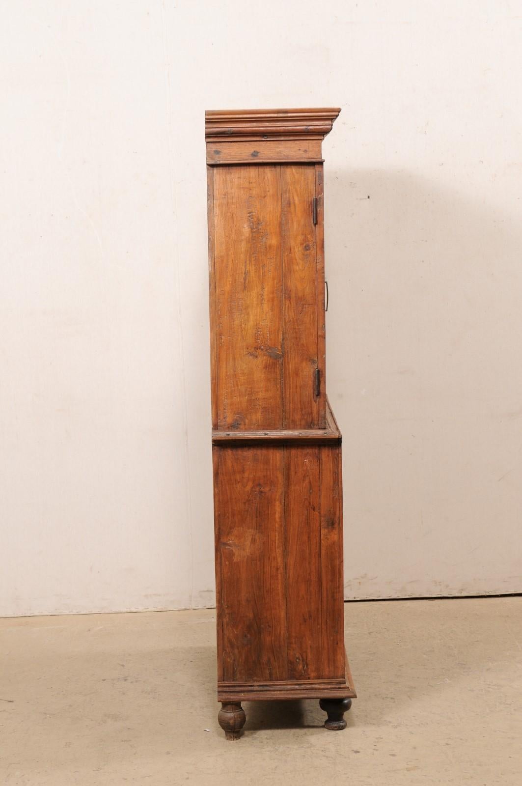 Indian Tall British Colonial Teak-Carved Cabinet W/ Beautifully Carved Doors, 19th C