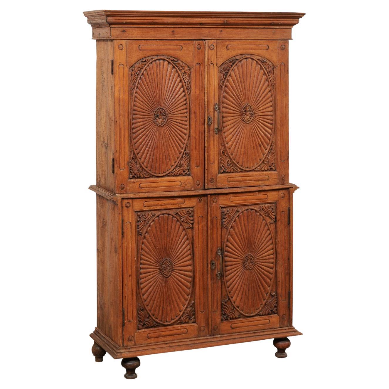 Tall British Colonial Teak-Carved Cabinet W/ Beautifully Carved Doors, 19th C