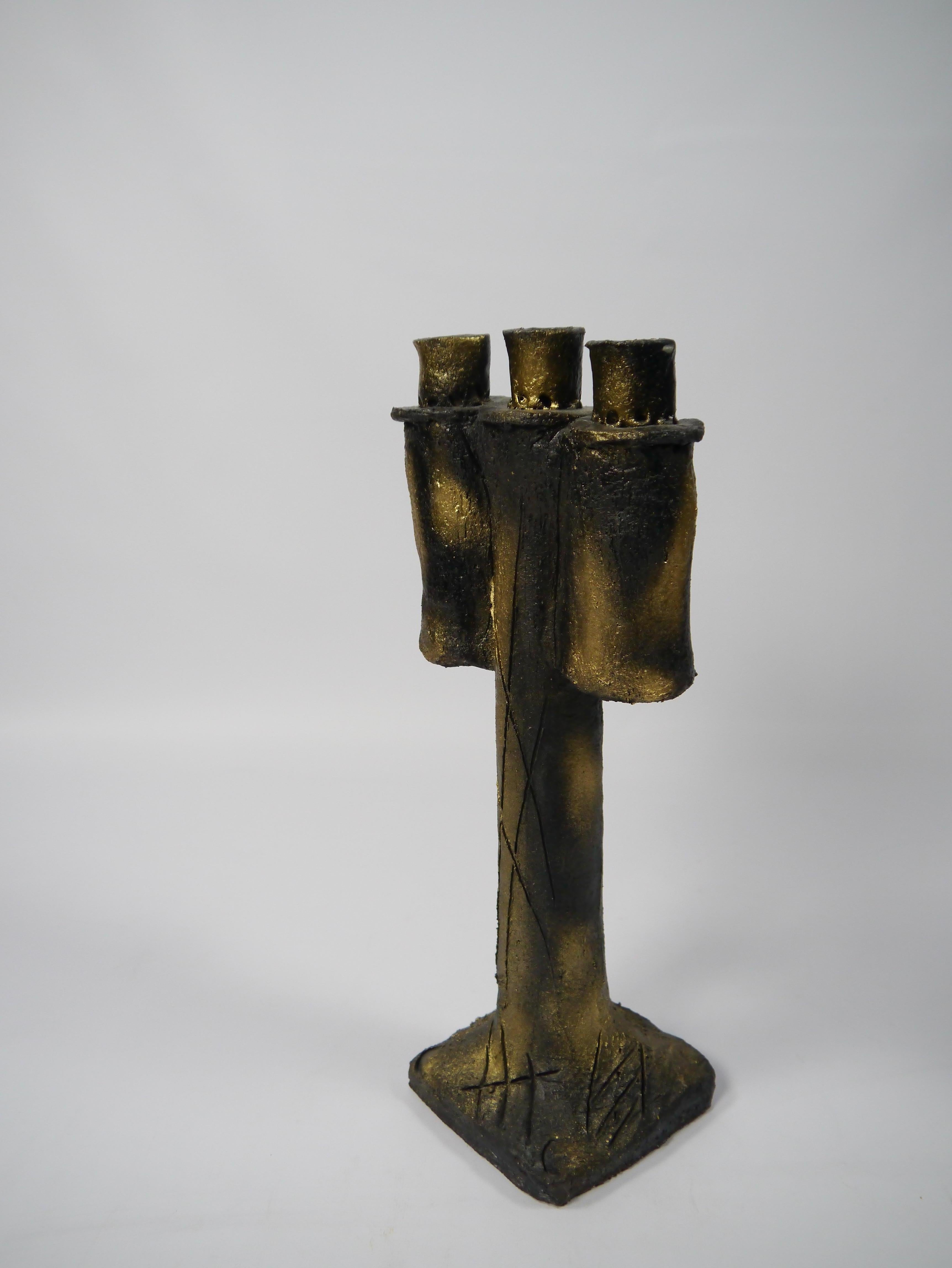Painted black and gold ceramic candle light candelabra, made in Norway, 1960s.