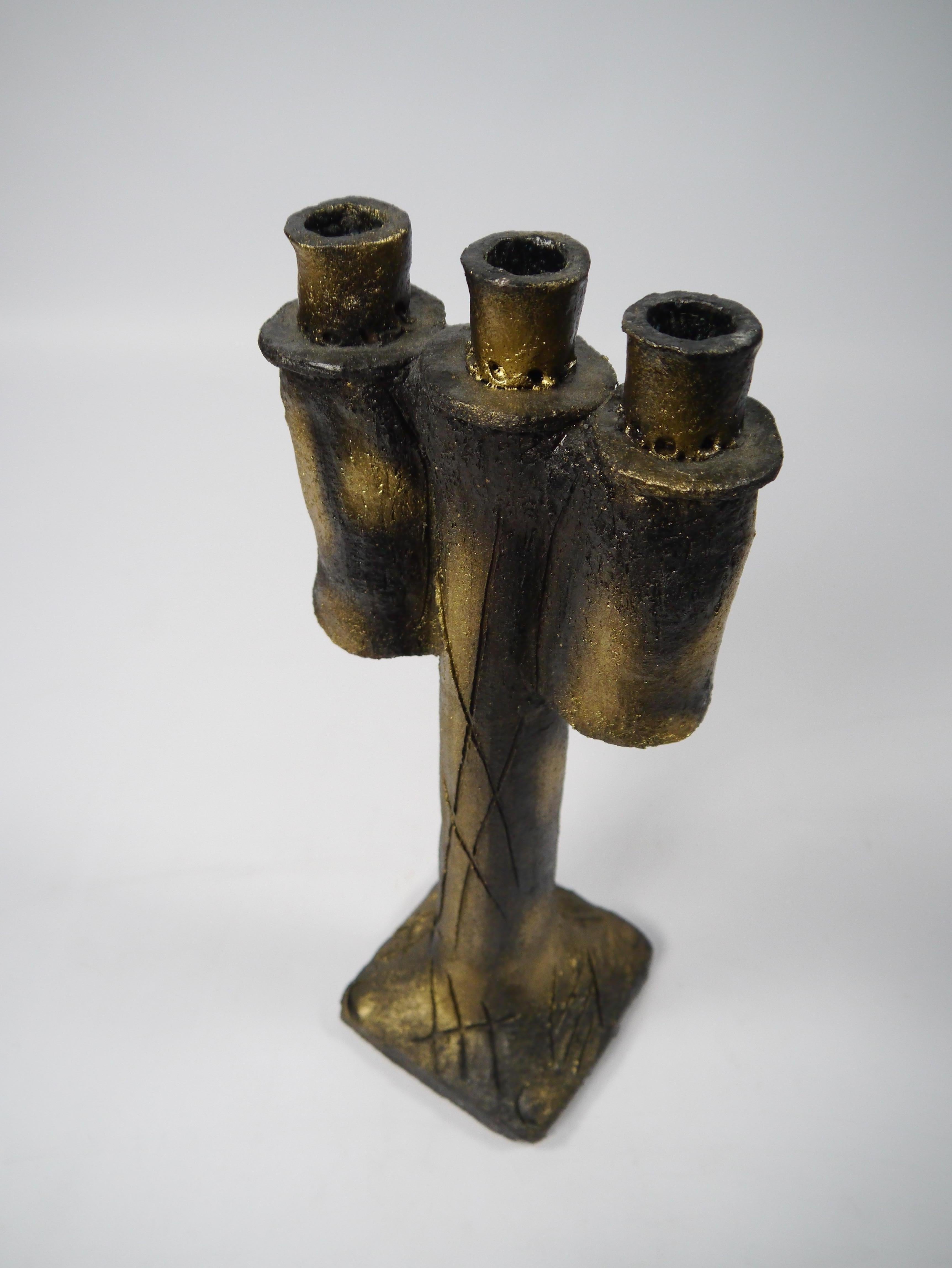 Hand-Painted Tall Brutalist Black / Gold Ceramic Candle Light Candelabra, Norway, 1960s For Sale