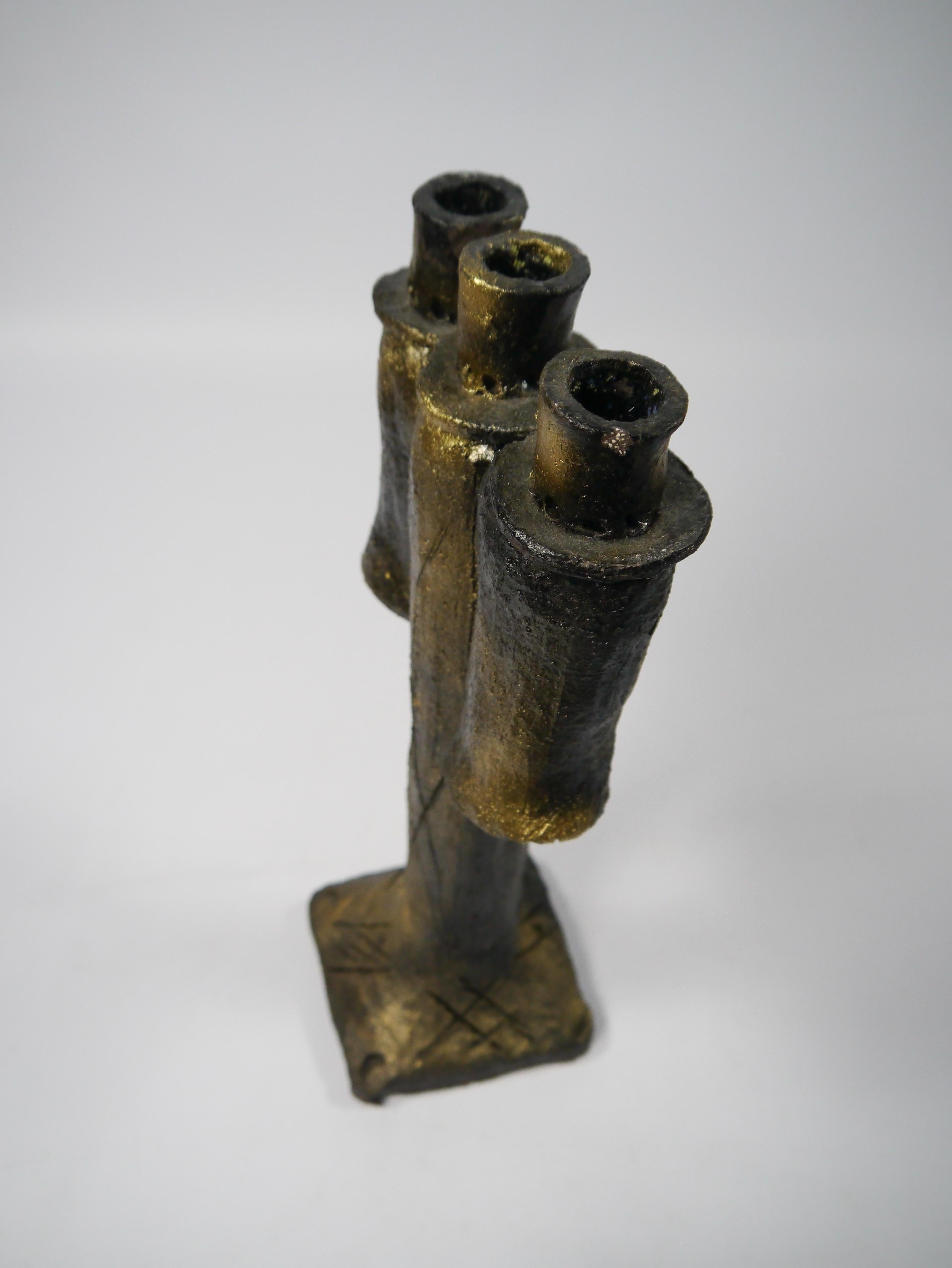 Tall Brutalist Black / Gold Ceramic Candle Light Candelabra, Norway, 1960s In Good Condition For Sale In Barcelona, ES