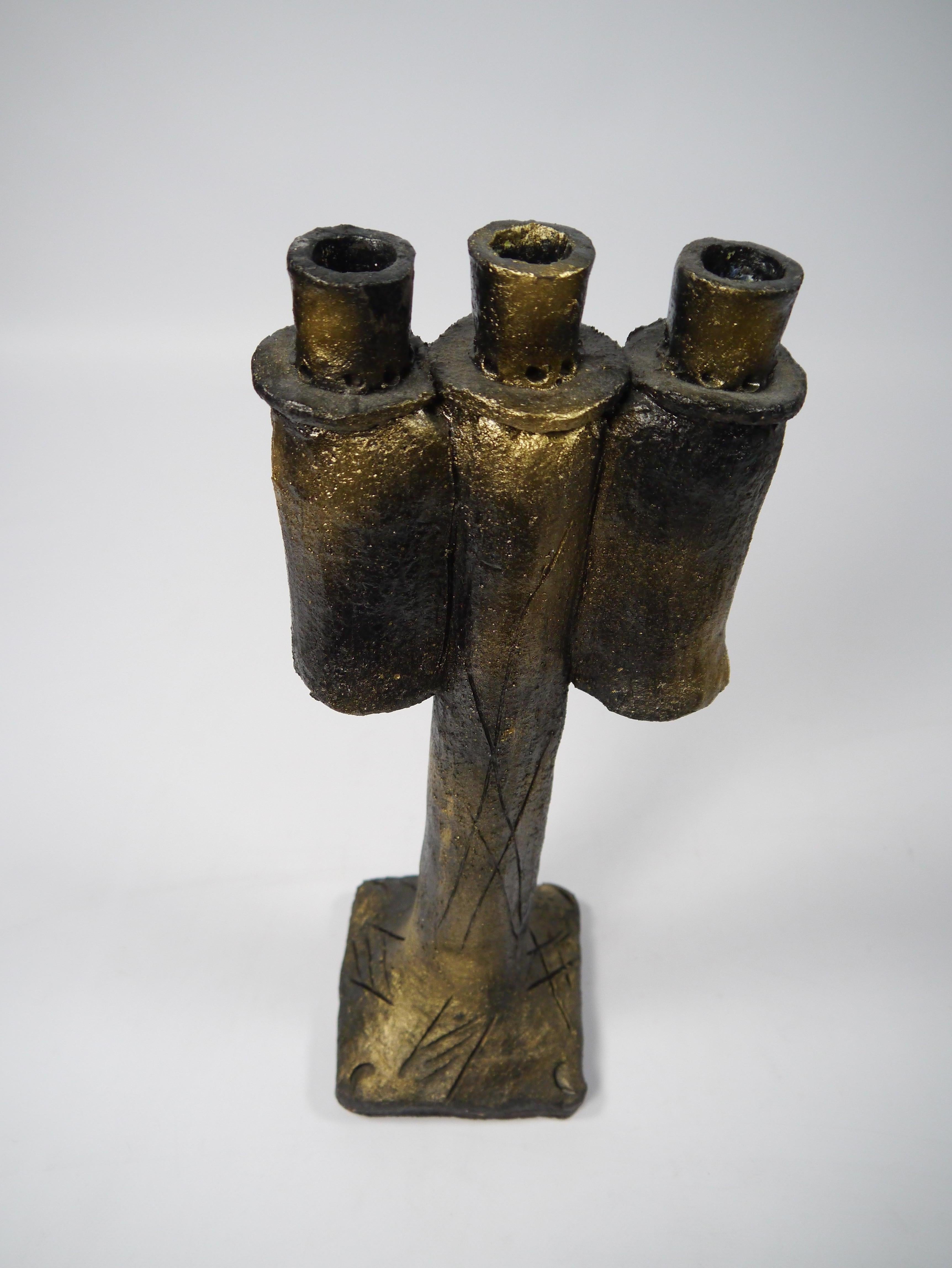 20th Century Tall Brutalist Black / Gold Ceramic Candle Light Candelabra, Norway, 1960s For Sale