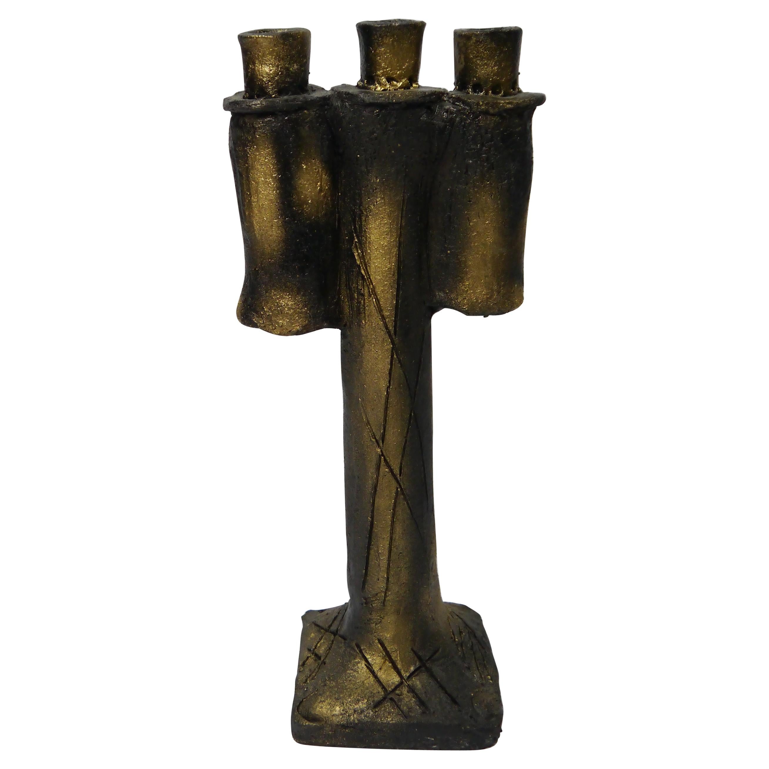 Tall Brutalist Black / Gold Ceramic Candle Light Candelabra, Norway, 1960s For Sale