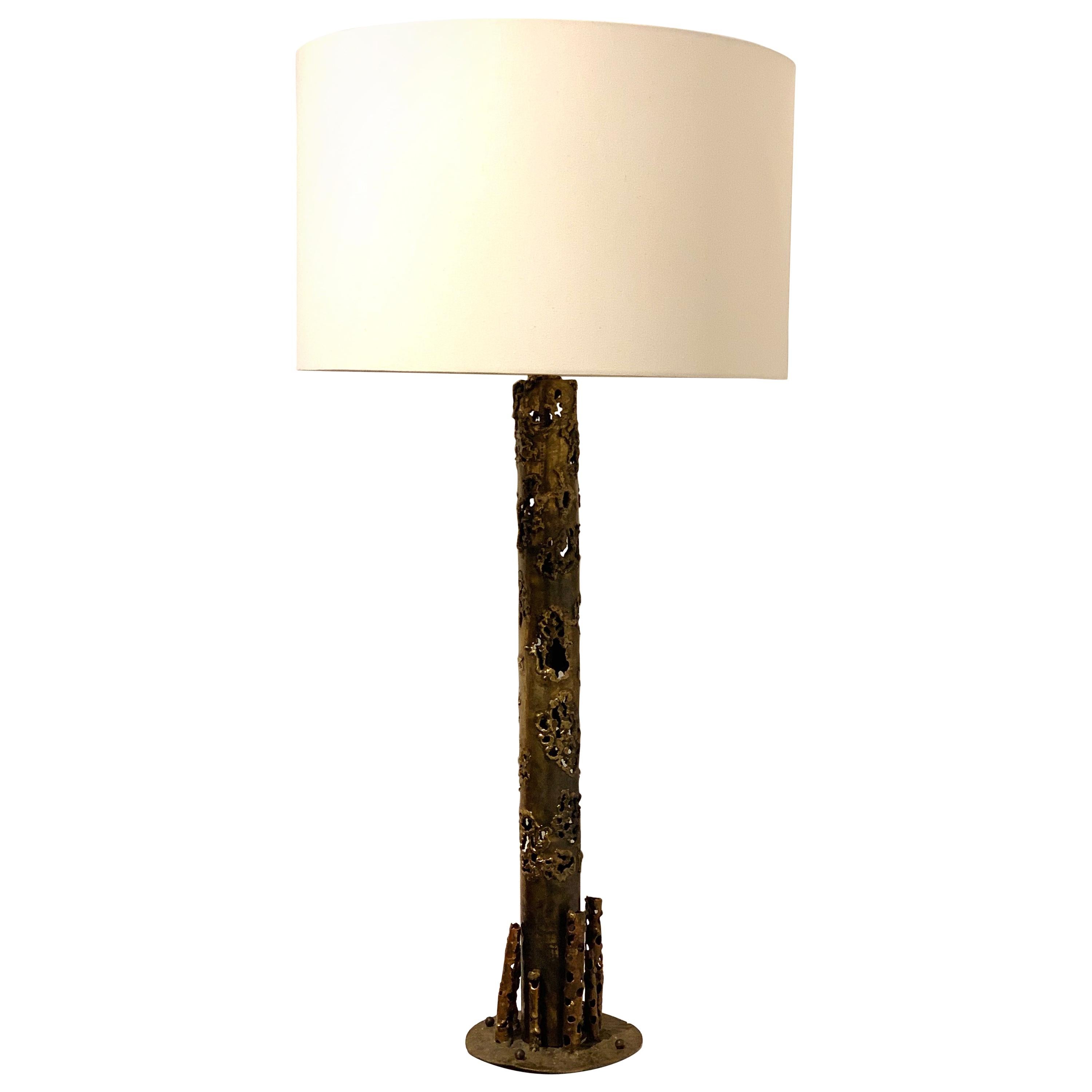 Tall Brutalist Brass and Copper Table Lamp For Sale