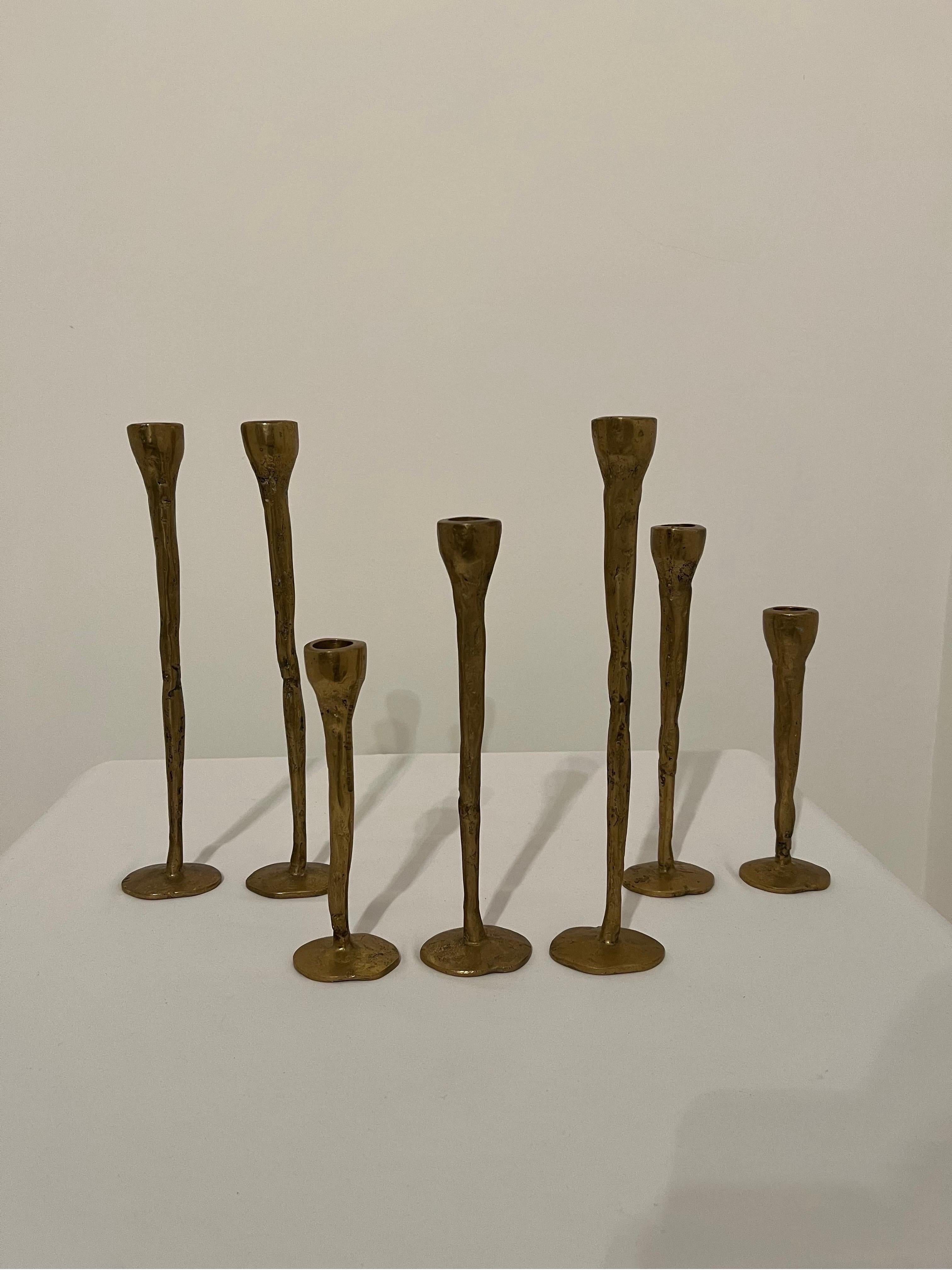 Late 20th Century Tall Brutalist Bronze Candlesticks Pair H31cm For Sale
