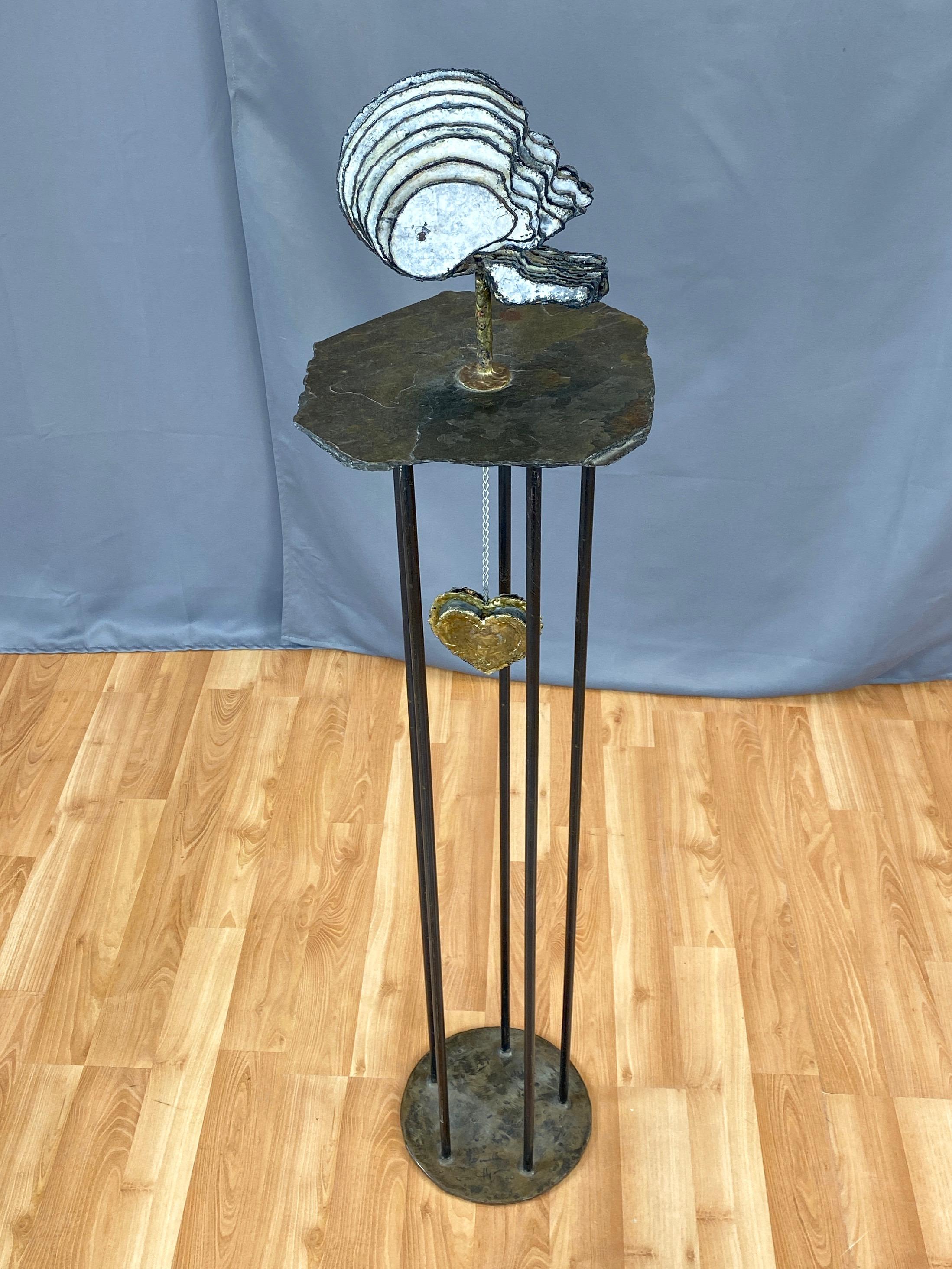 Metal Tall Brutalist Skull and Heart Sculpture in Steel, Brass, and Slate, 1990s For Sale