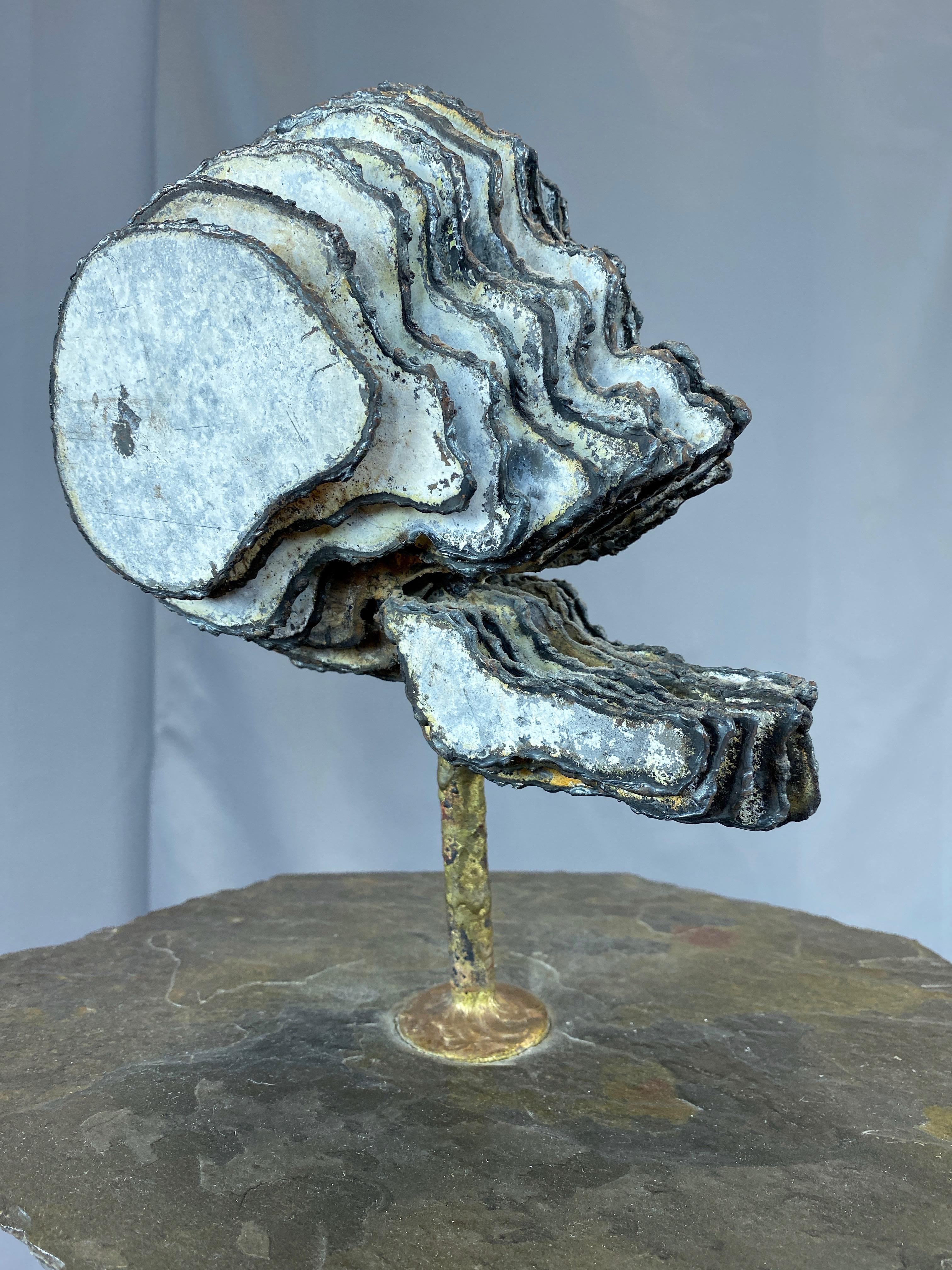 Tall Brutalist Skull and Heart Sculpture in Steel, Brass, and Slate, 1990s For Sale 1