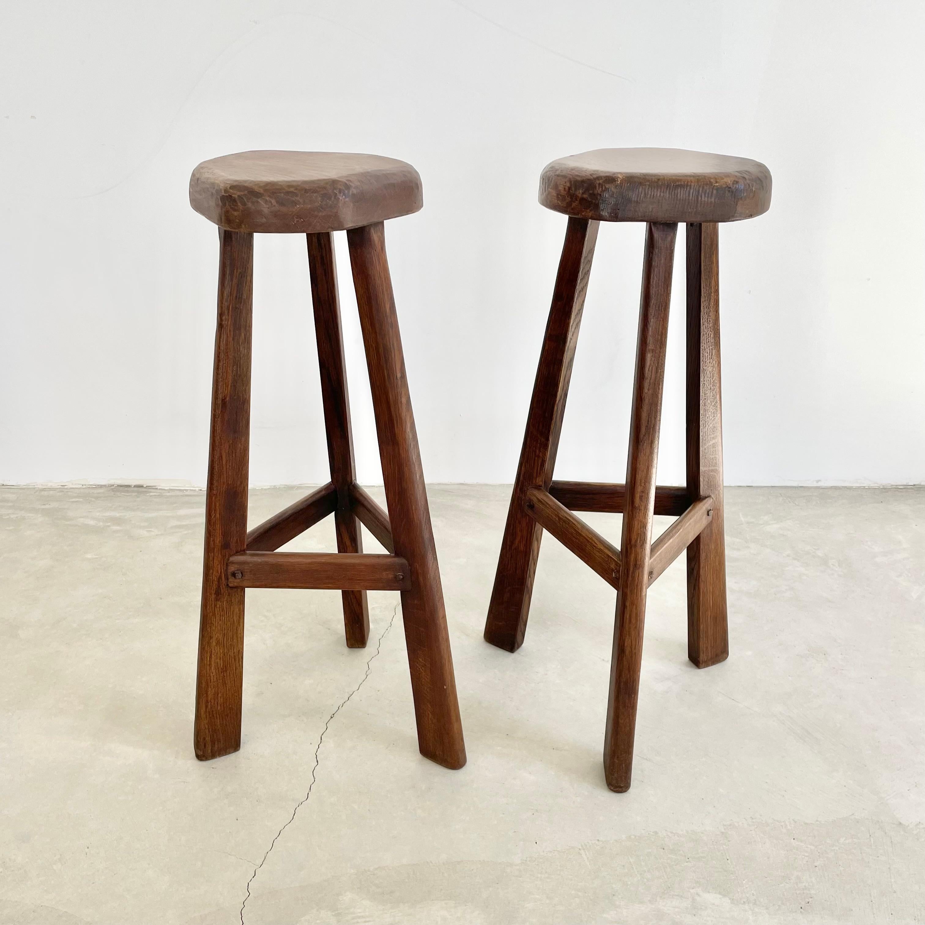 French Pair of Tall Brutalist Wood Stools, 1960s France For Sale