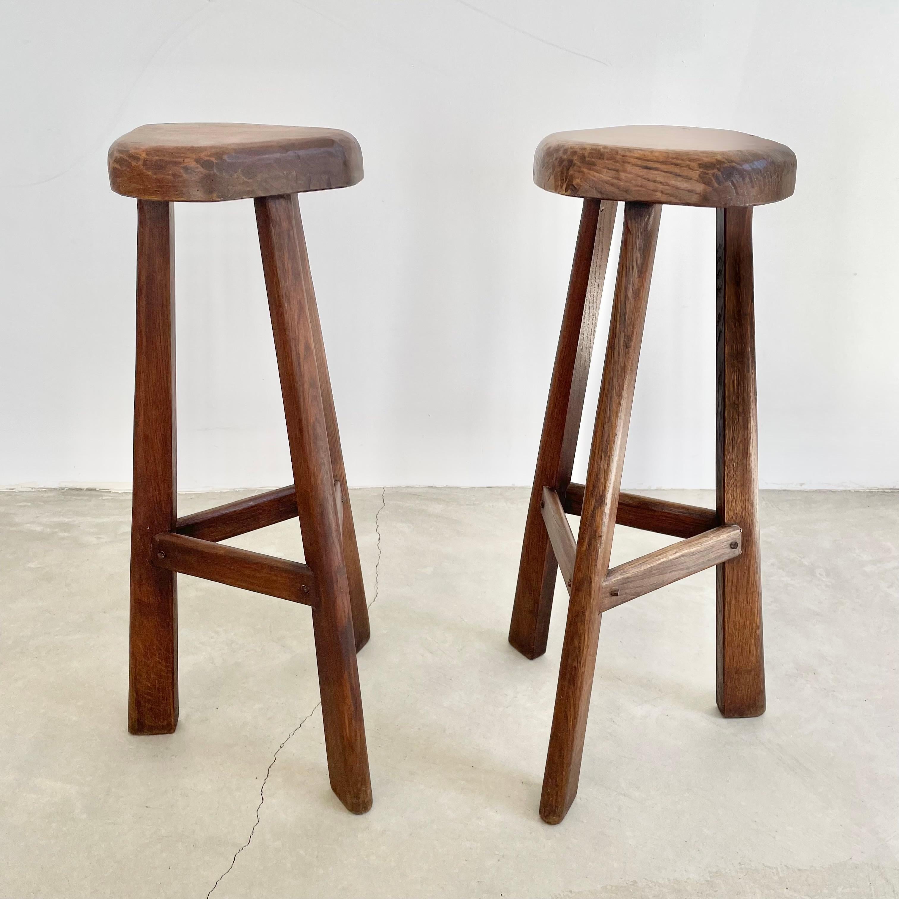 Mid-20th Century Pair of Tall Brutalist Wood Stools, 1960s France For Sale