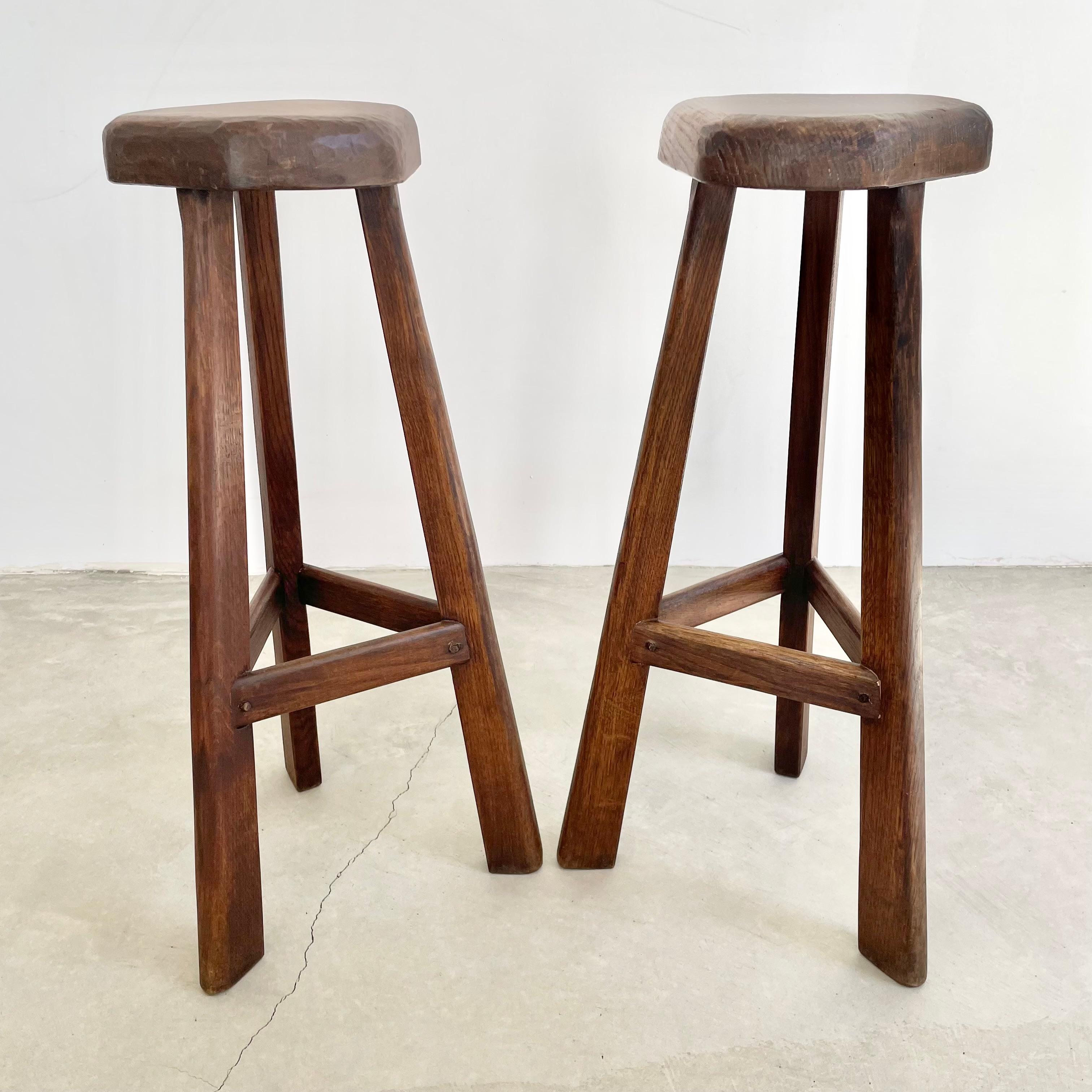 Pair of Tall Brutalist Wood Stools, 1960s France For Sale 1