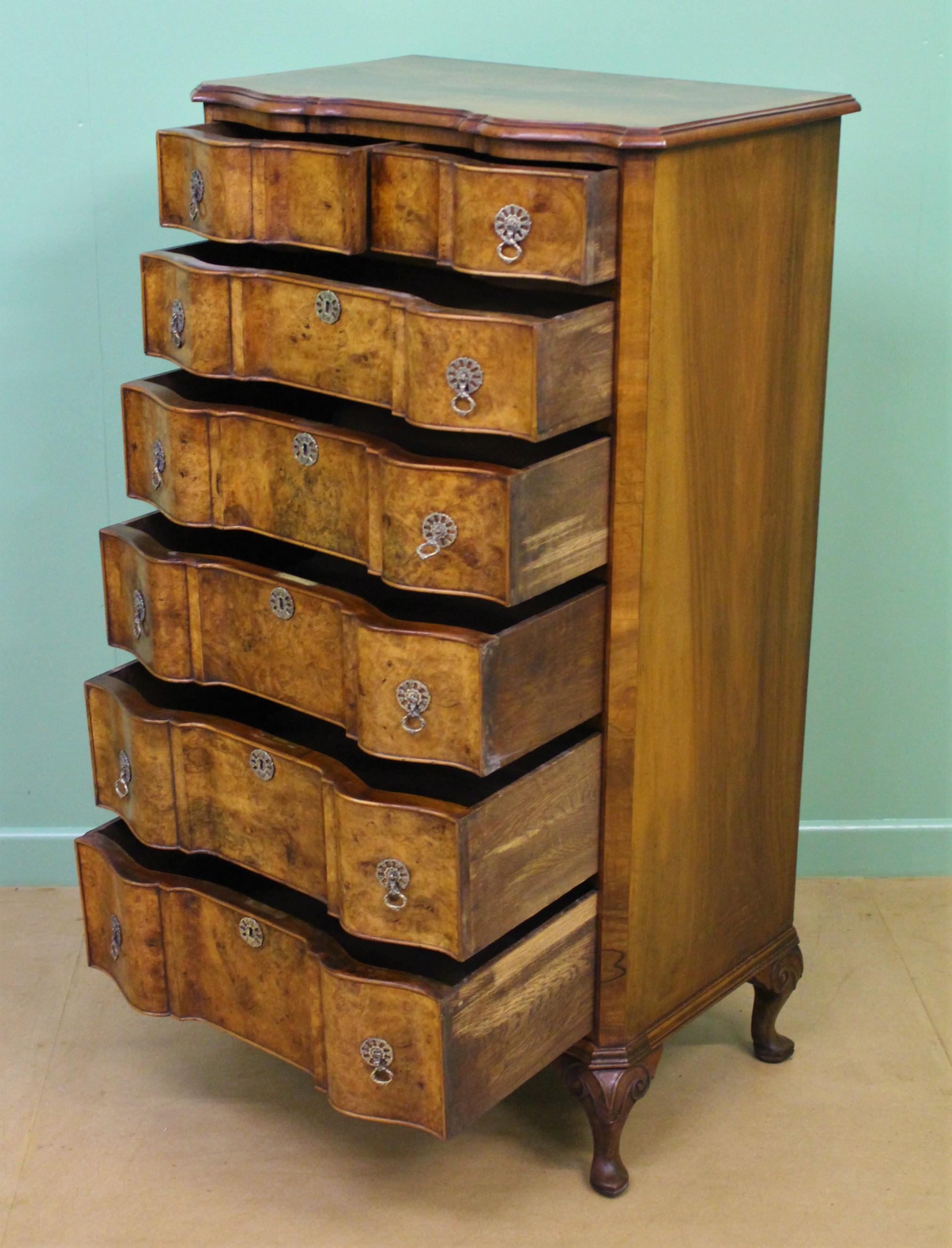 Tall Burr Walnut Serpentine Fronted Chest of Drawers 4