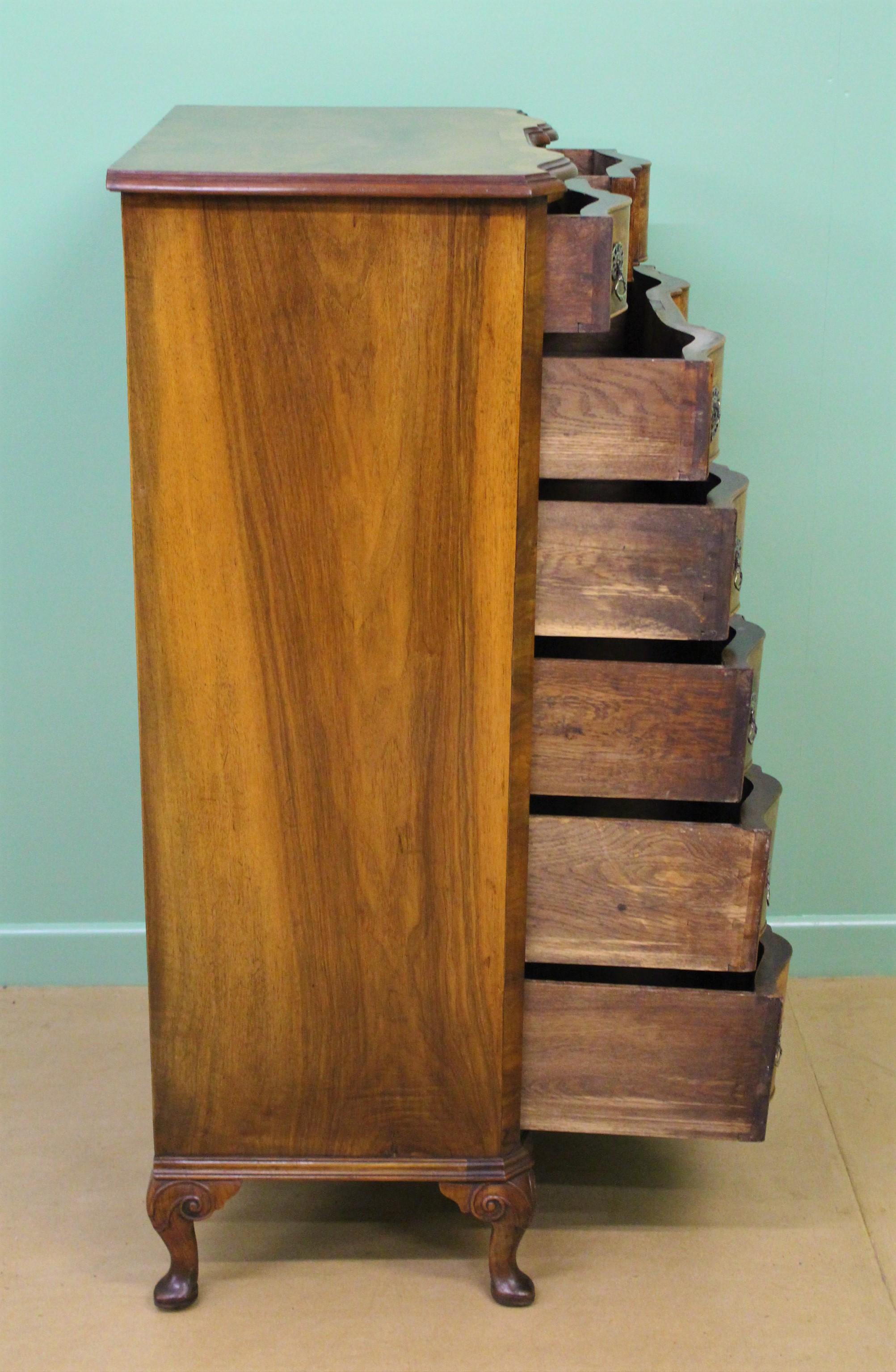 Tall Burr Walnut Serpentine Fronted Chest of Drawers 7