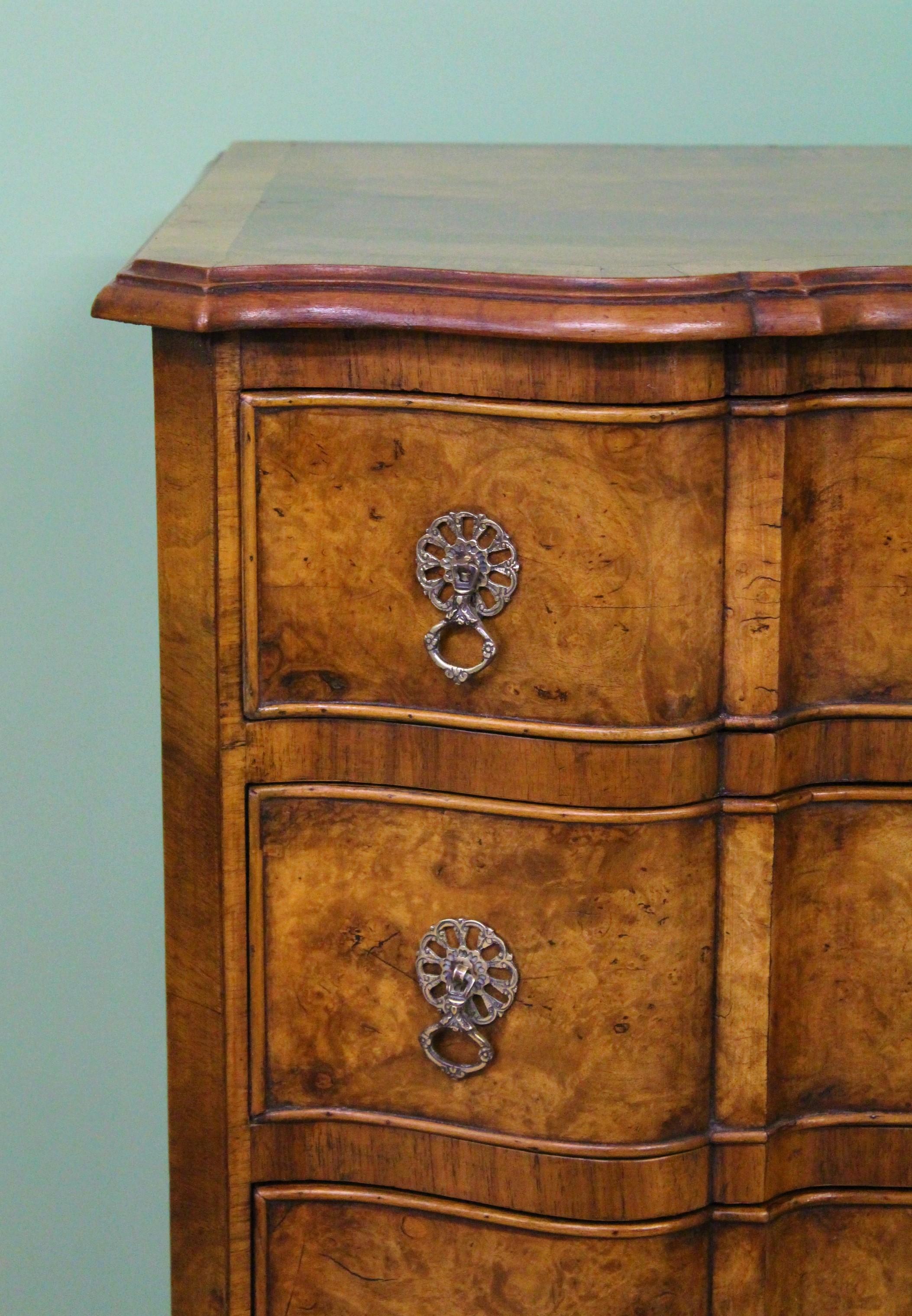 Queen Anne Tall Burr Walnut Serpentine Fronted Chest of Drawers