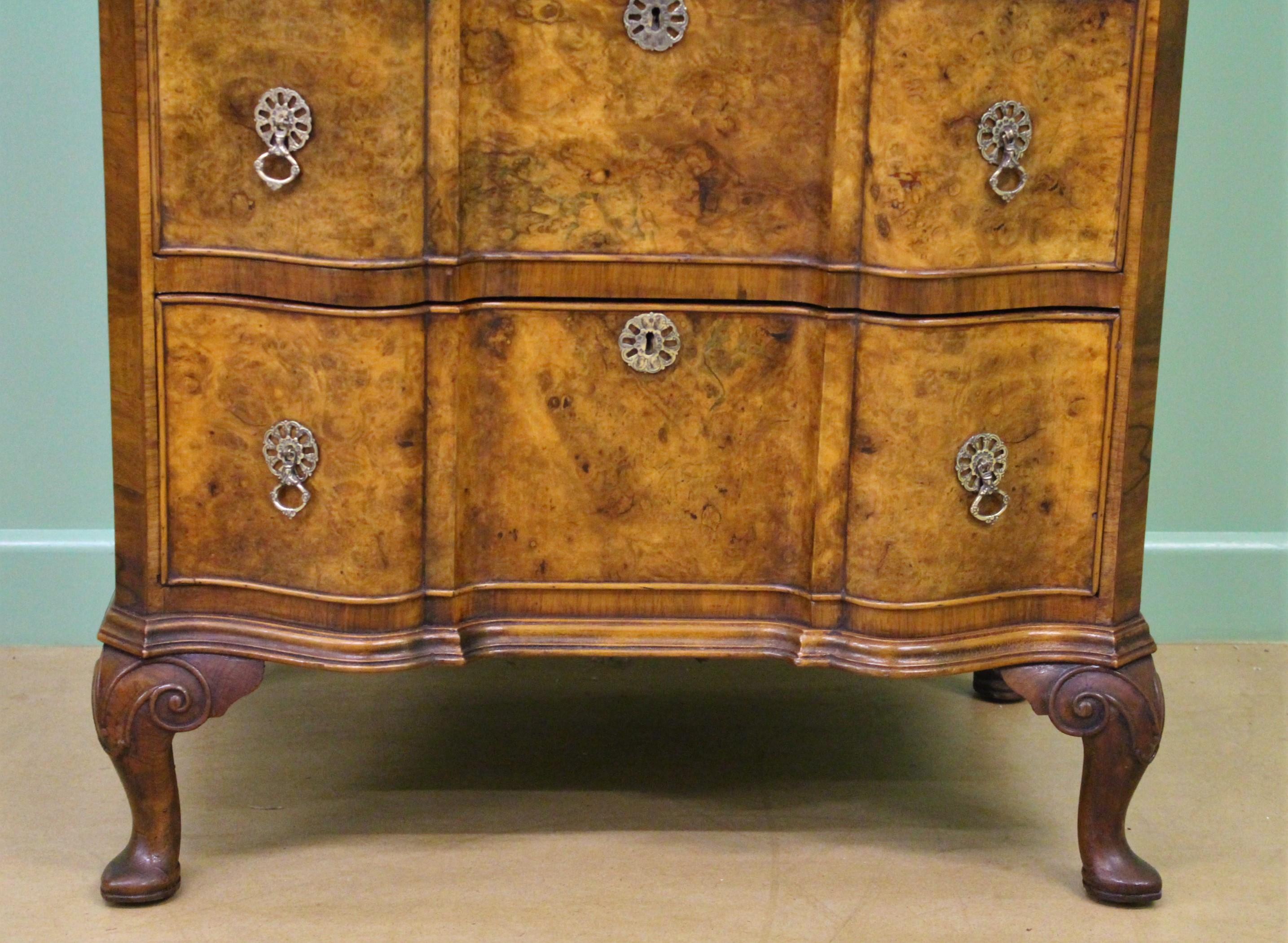 English Tall Burr Walnut Serpentine Fronted Chest of Drawers