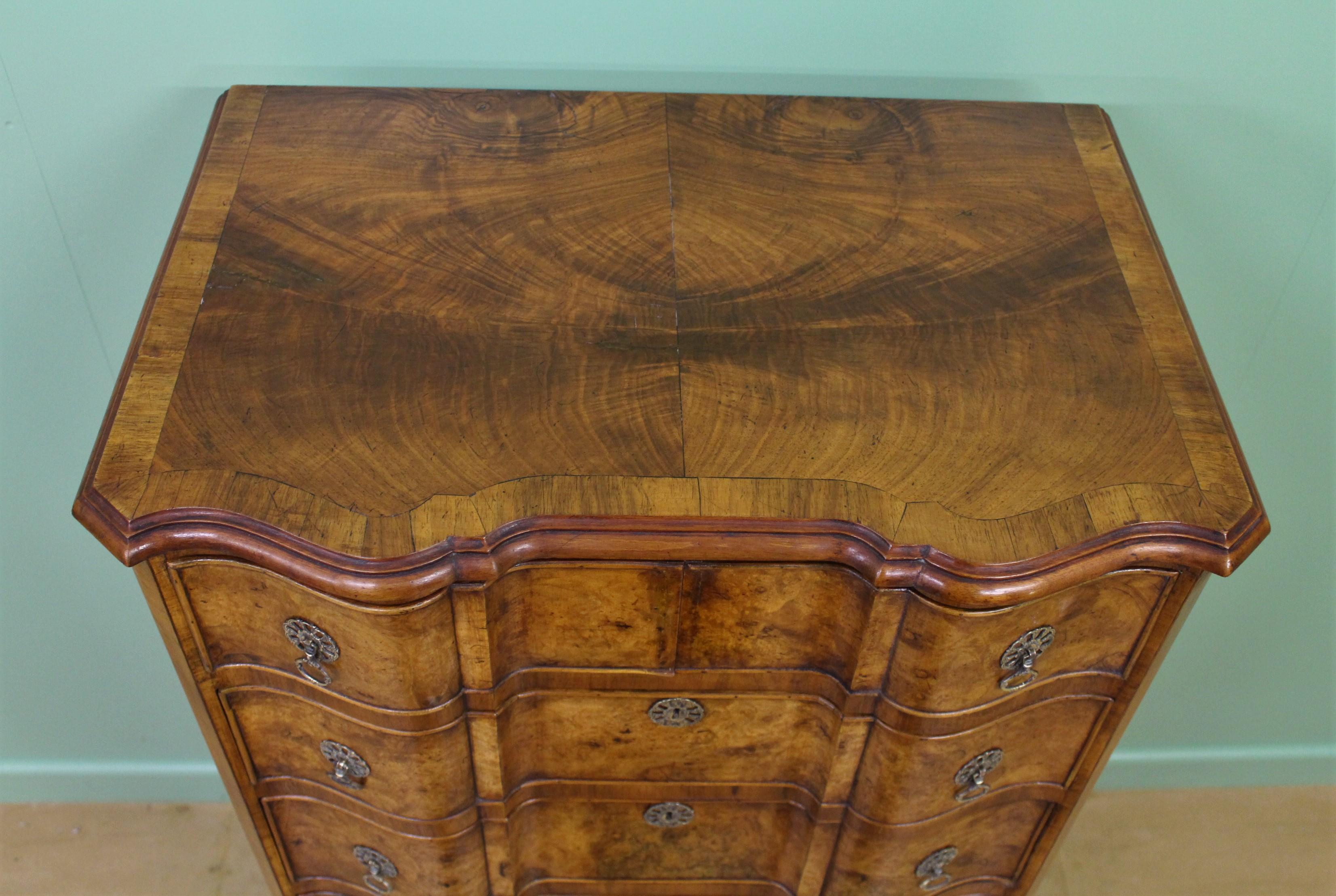 20th Century Tall Burr Walnut Serpentine Fronted Chest of Drawers