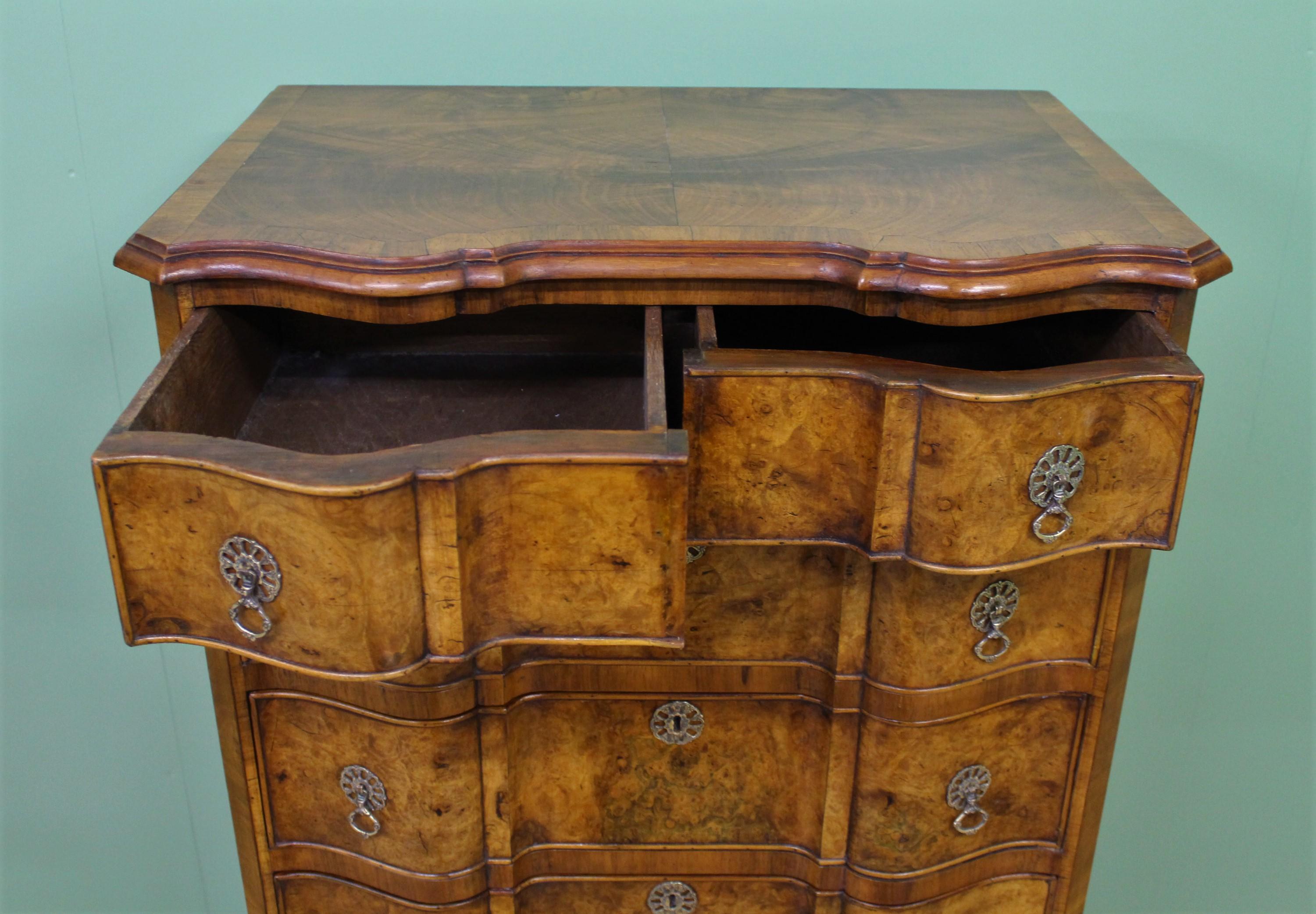 Tall Burr Walnut Serpentine Fronted Chest of Drawers 2