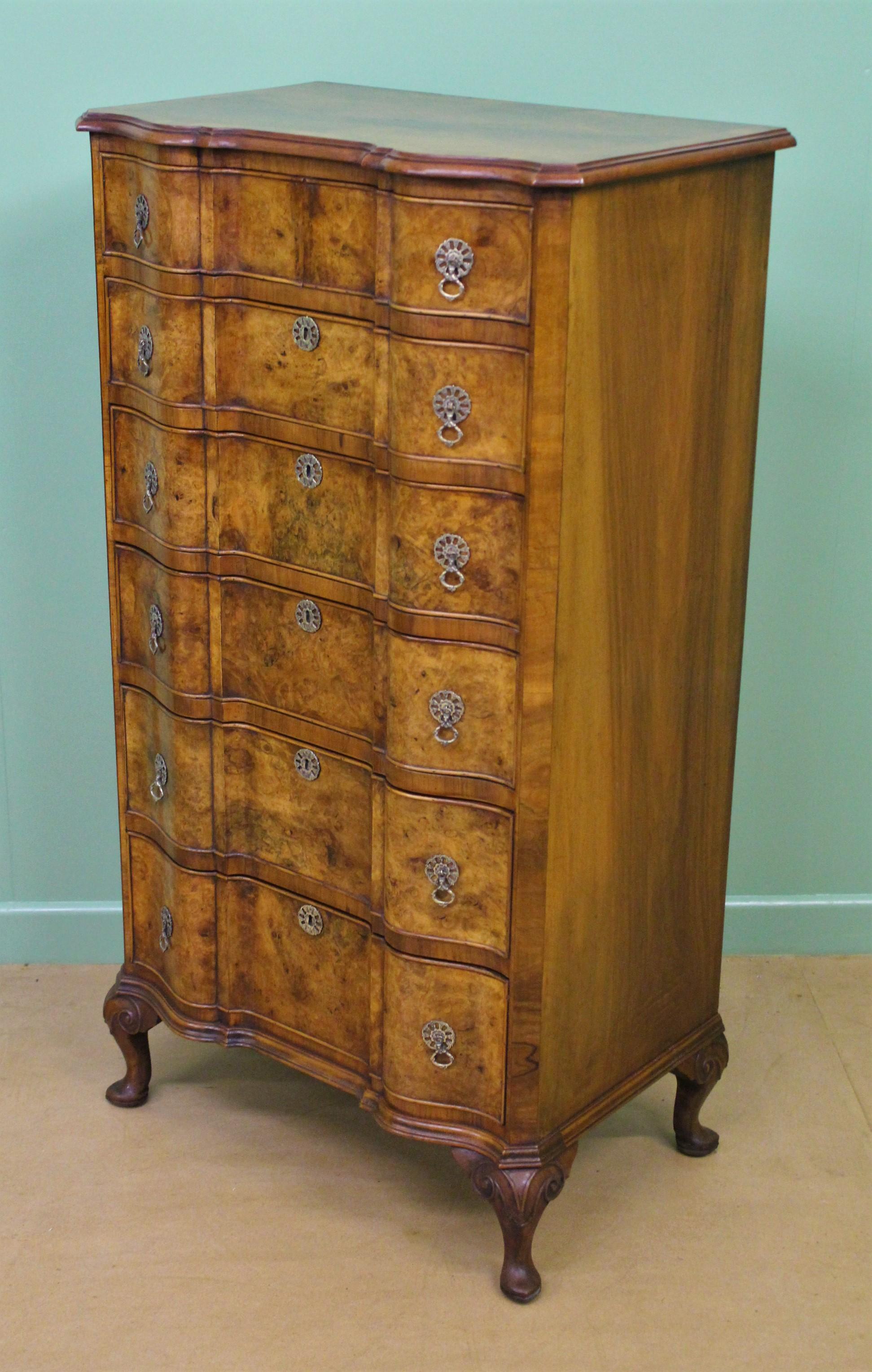 Tall Burr Walnut Serpentine Fronted Chest of Drawers 3