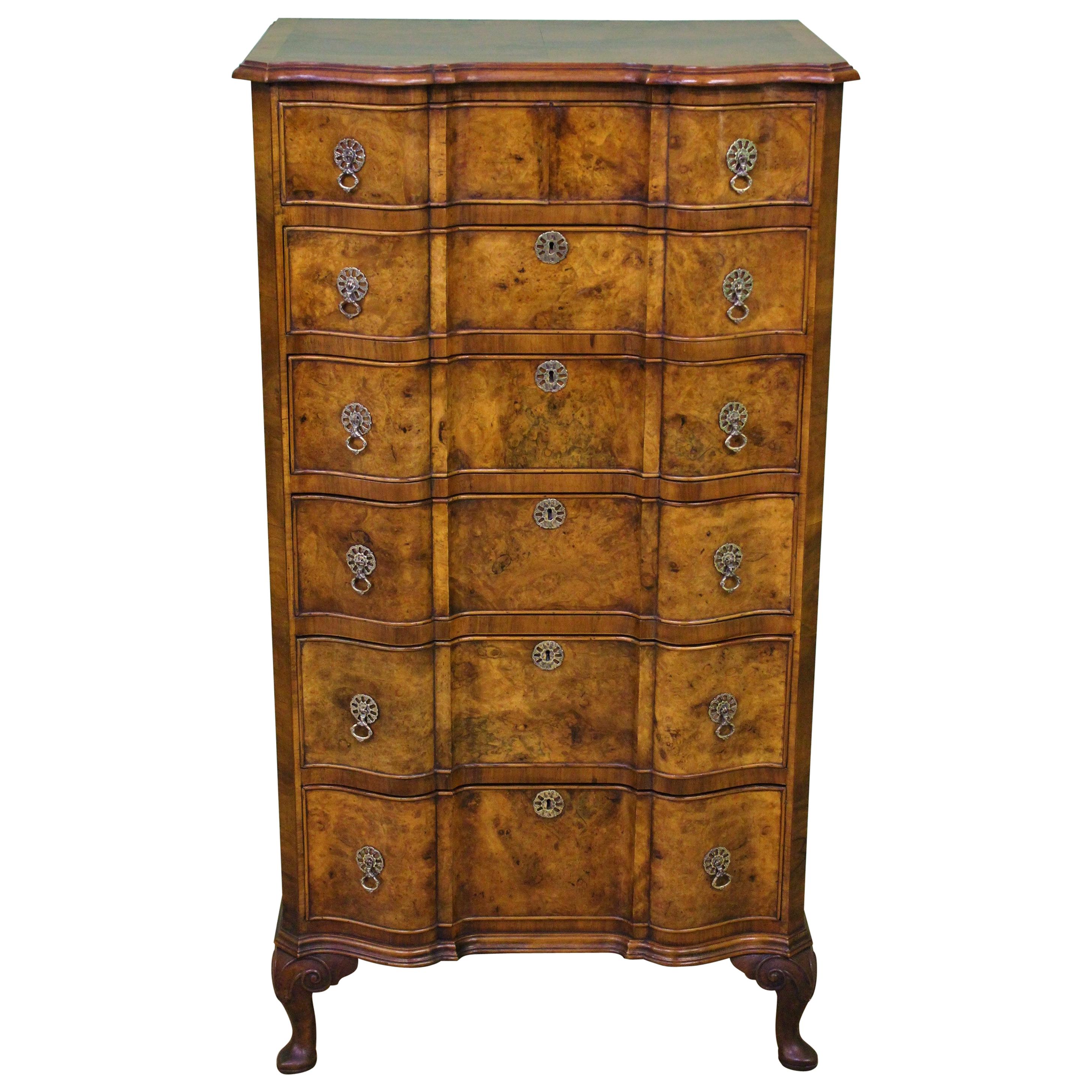 Tall Burr Walnut Serpentine Fronted Chest of Drawers