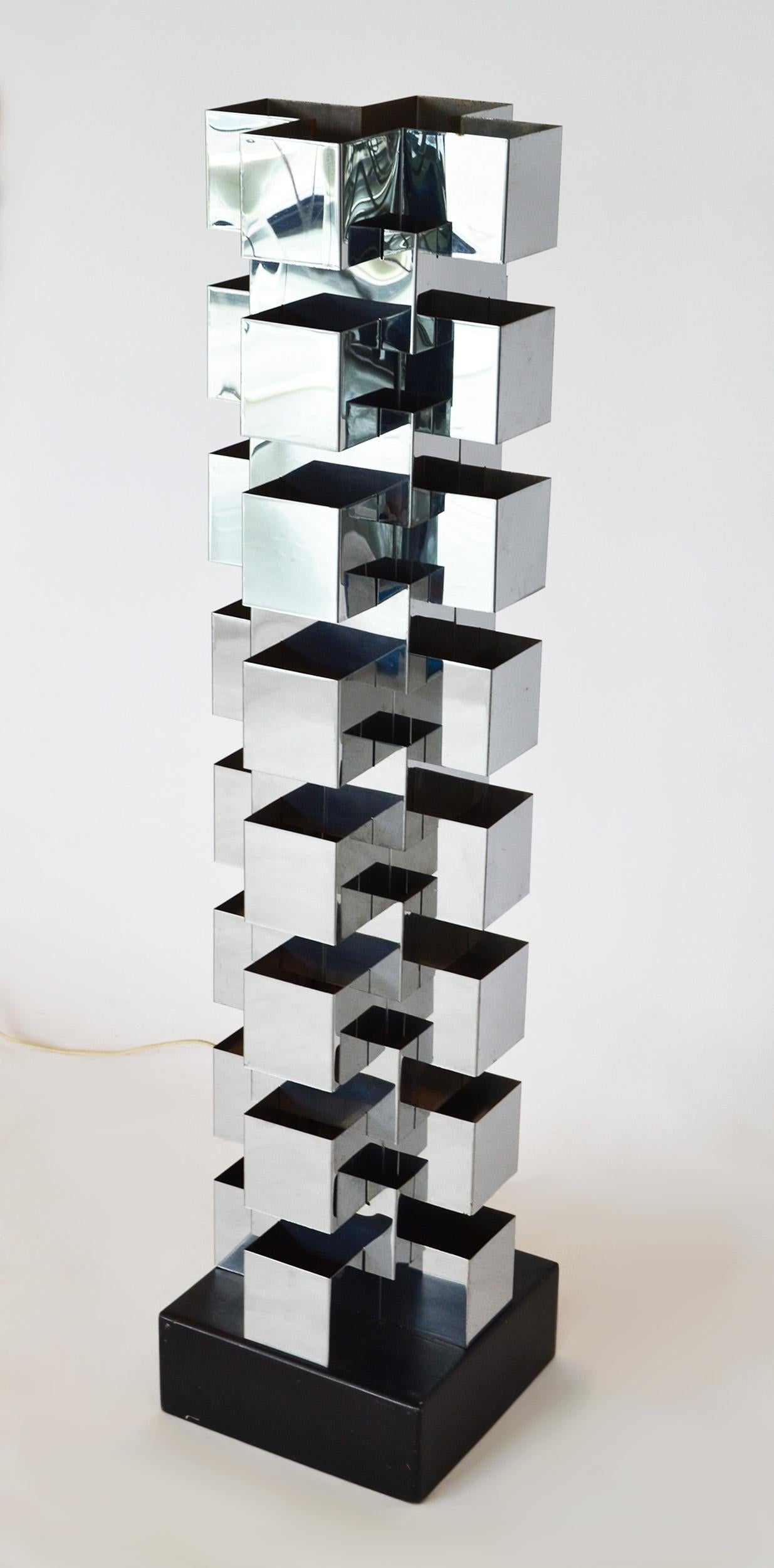 Tall C. Jeré Skyscraper Geometric Chrome Table Lamp for Artisan House, 1970's
Oversized all-chrome table lamp designed by Curtis Jere for Artisan House, designed in the 1970s. It can easily be used as a floor lamp due to its' size. The towering lamp