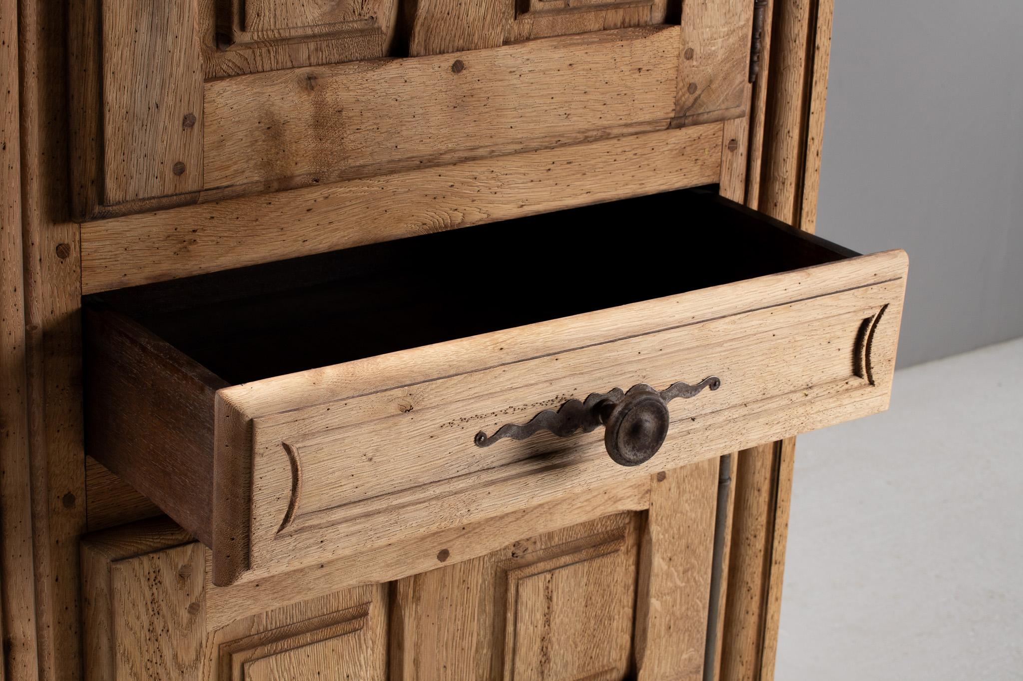 Iron Tall Cabinet in Carved Oak, France, 19th Century For Sale